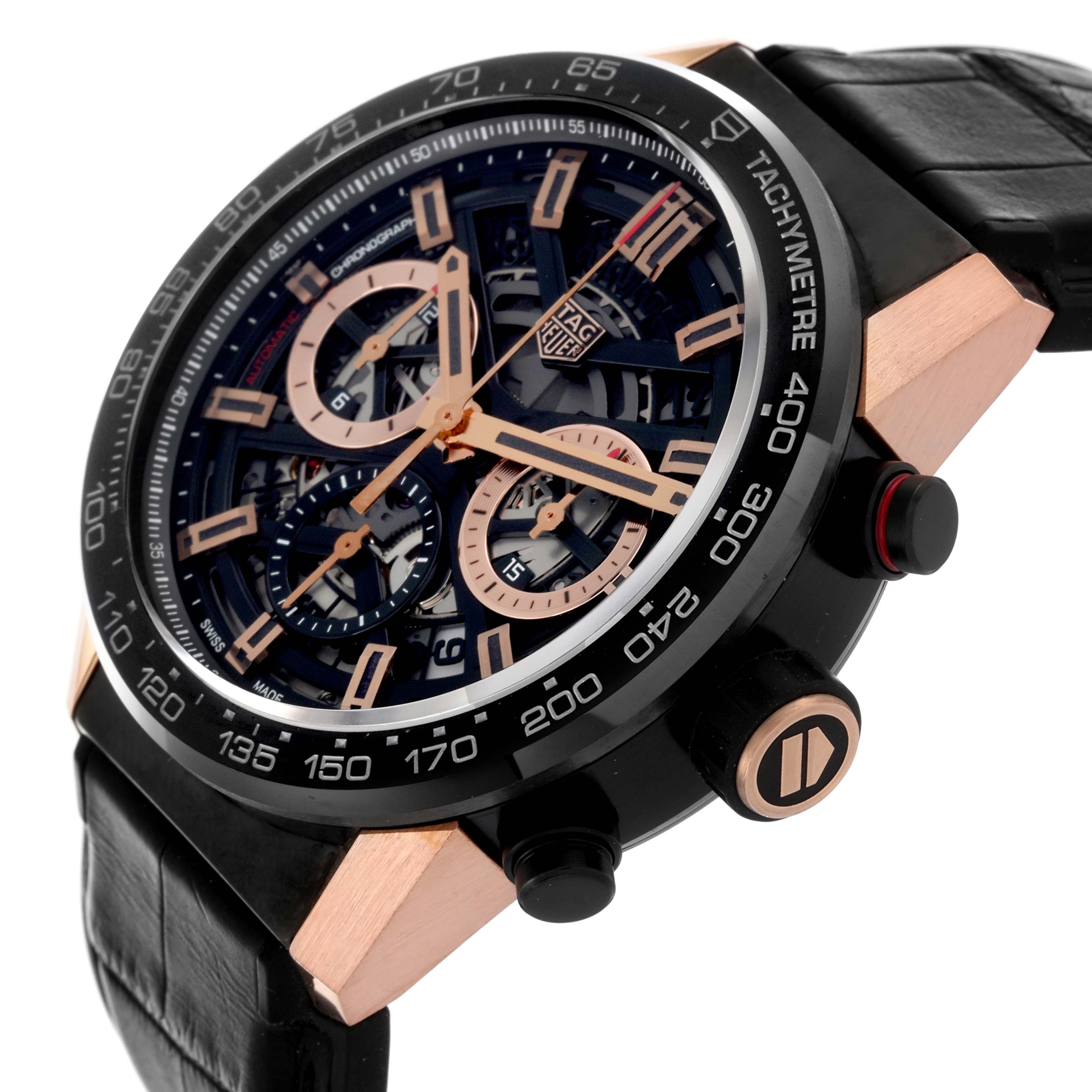 The image shows a side angle of the Tag Heuer Carrera CAR2050.FC6426 Men's Steel and Gold (two tone) Black Dial CAR2050.FC6426 Men's Steel and Gold (two tone) Black Dial watch, highlighting its face, bezel, crown, and strap.