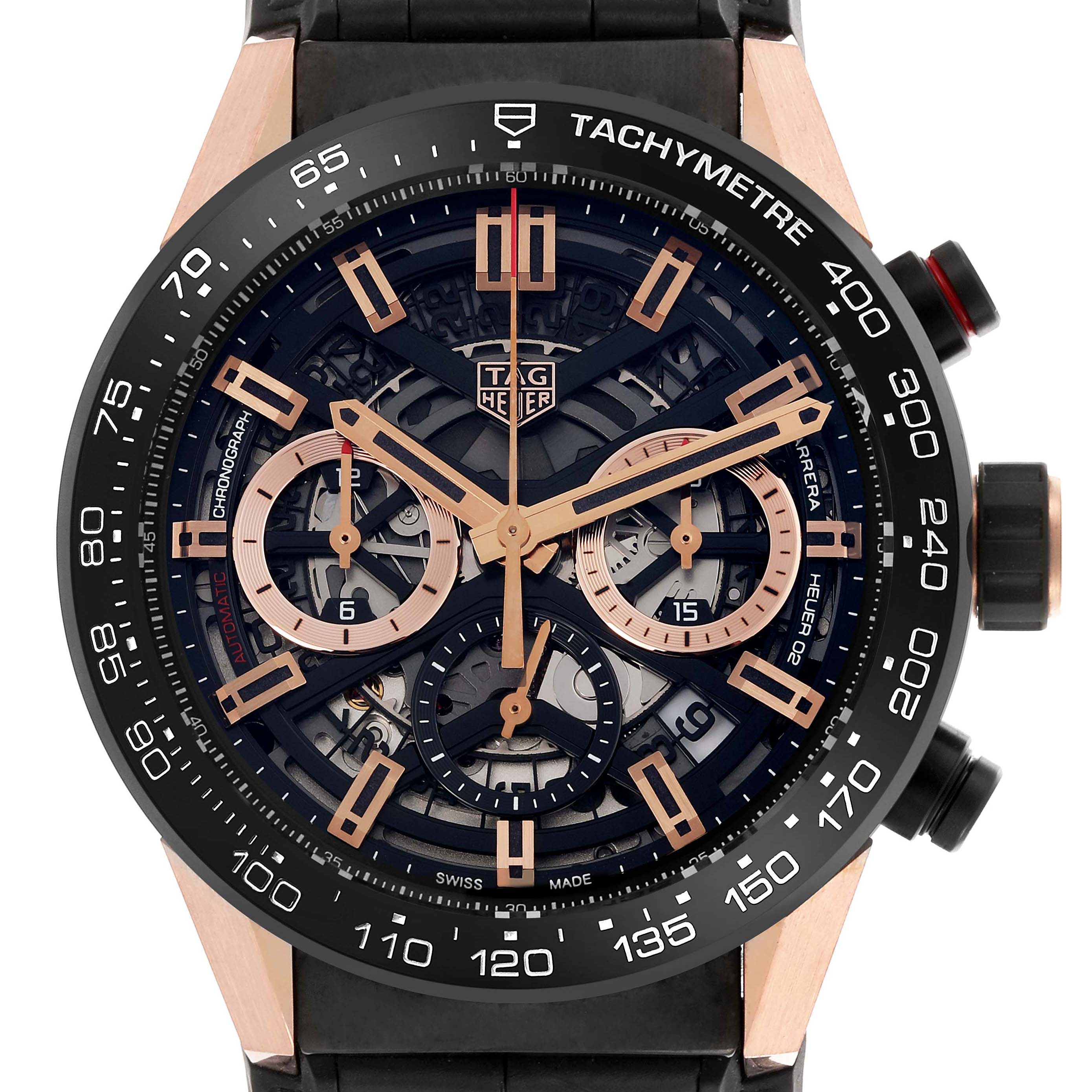 The image shows a Tag Heuer Carrera CAR2050.FC6426 Men's Steel and Gold (two tone) Black Dial CAR2050.FC6426 Men's Steel and Gold (two tone) Black Dial watch from a front angle, highlighting its dial, tachymeter, and chronograph features.