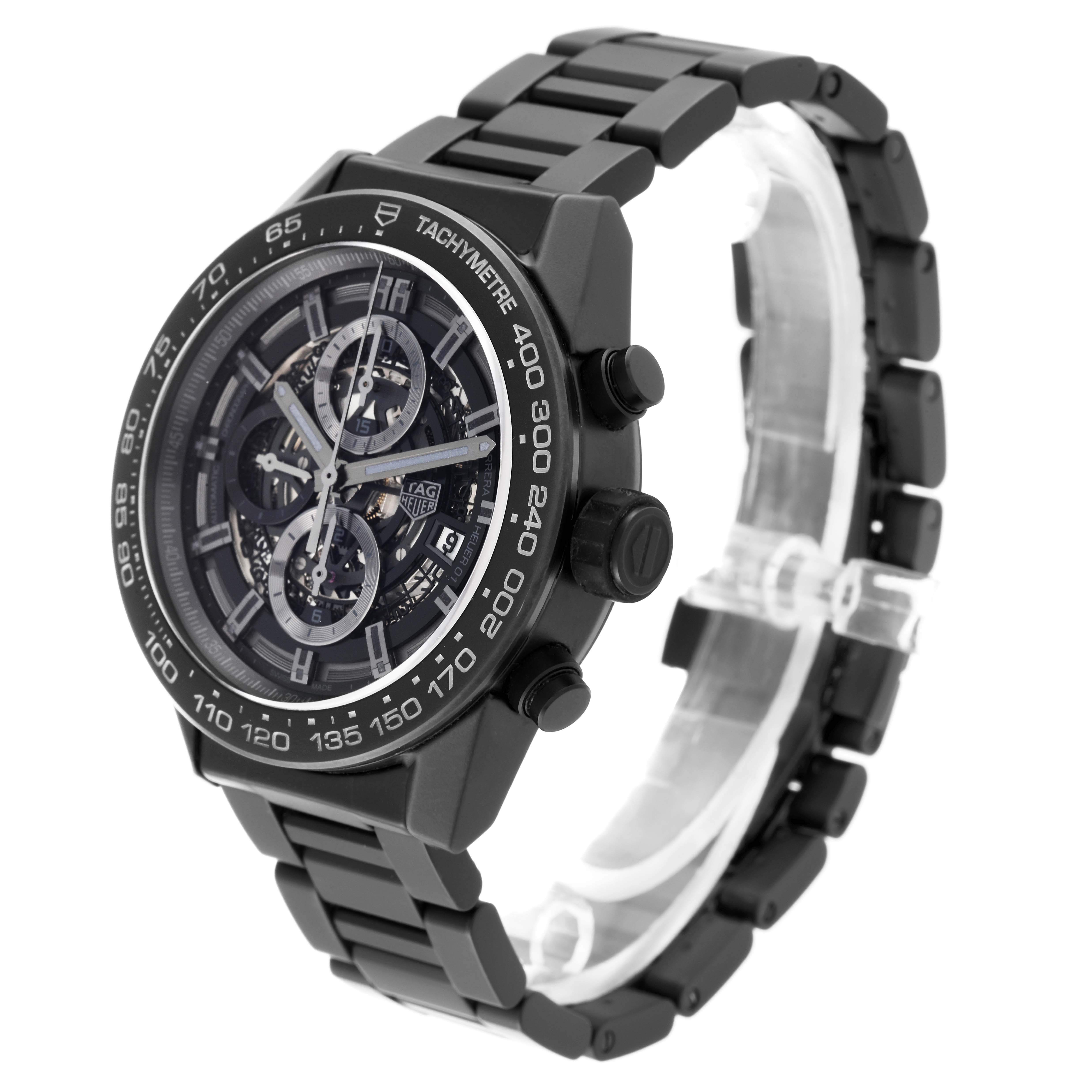 The image shows a Tag Heuer Carrera CAR2A91.BH0742 Men's Ceramic Transparent Dial CAR2A91.BH0742 Men's Ceramic Transparent Dial watch from a three-quarter view, highlighting the dial, bezel, and bracelet.