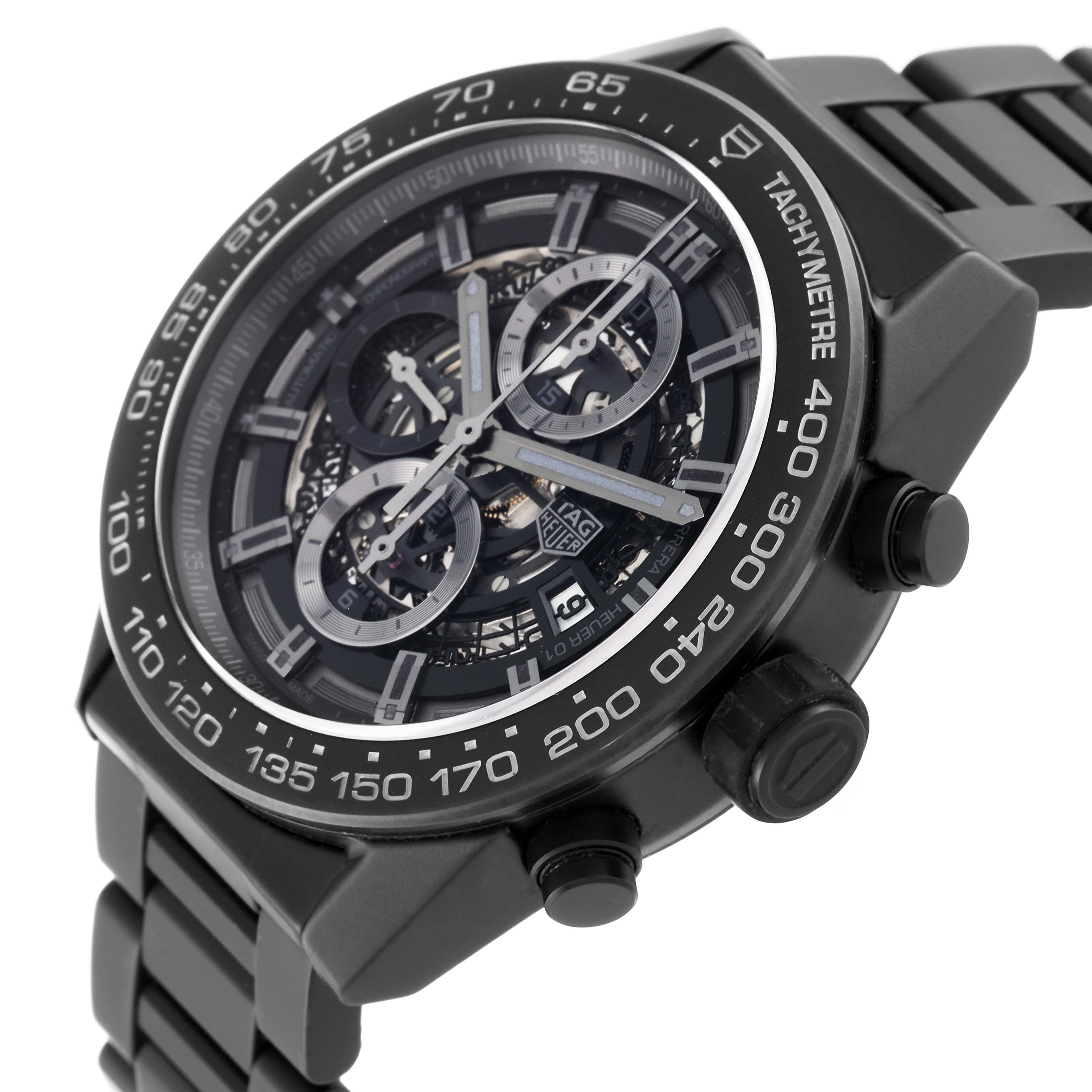 The Tag Heuer Carrera CAR2A91.BH0742 Men's Ceramic Transparent Dial CAR2A91.BH0742 Men's Ceramic Transparent Dial watch is shown at an angled close-up, highlighting the dial, bezel, and chronograph buttons.