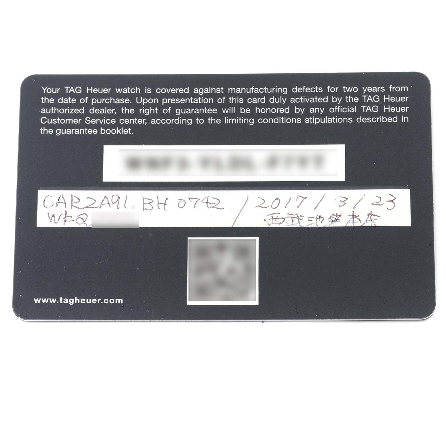 The image shows the guarantee card for a Tag Heuer Carrera CAR2A91.BH0742 Men's Ceramic Transparent Dial CAR2A91.BH0742 Men's Ceramic Transparent Dial watch from a top-down angle.