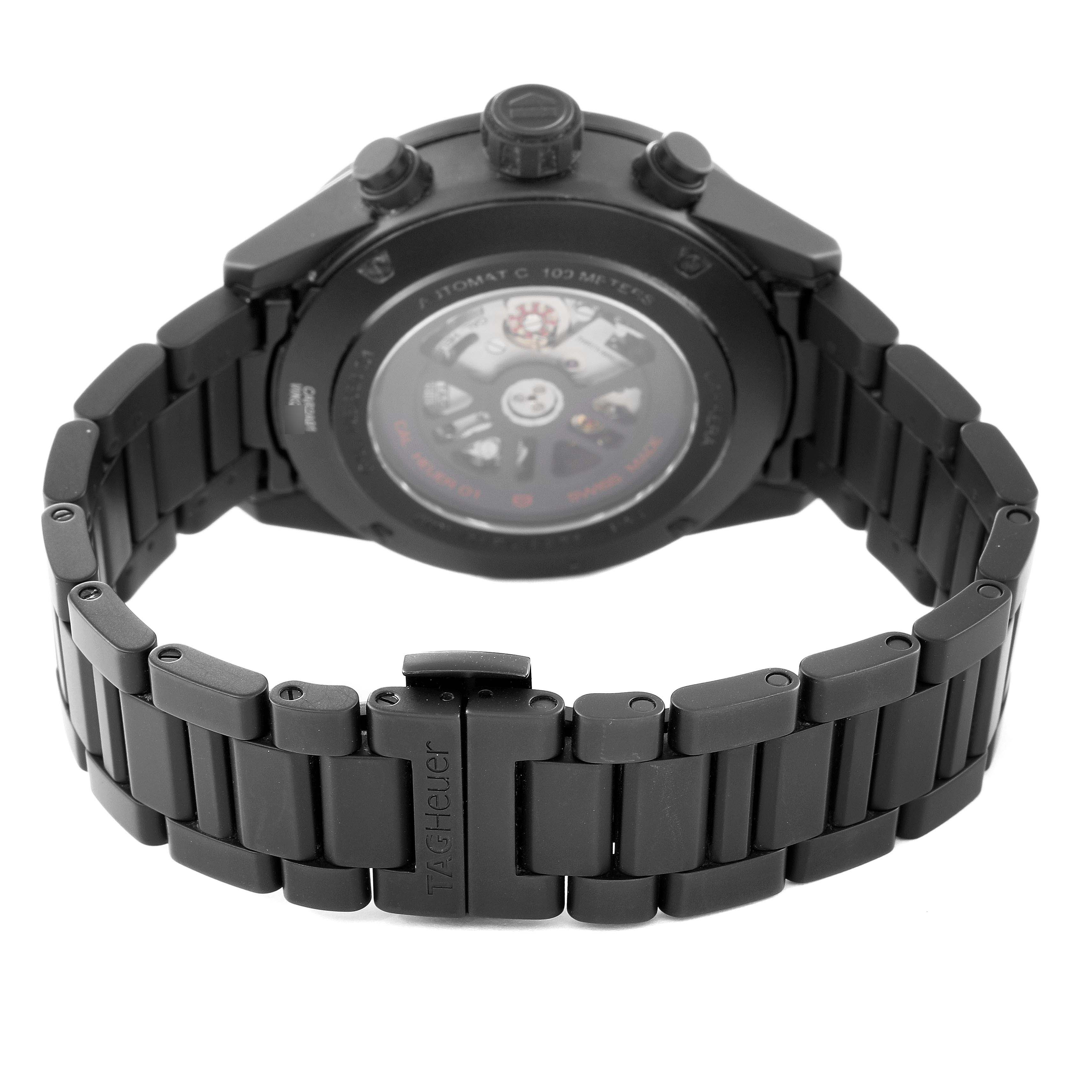 The image shows the back and bracelet of a Tag Heuer Carrera CAR2A91.BH0742 Men's Ceramic Transparent Dial CAR2A91.BH0742 Men's Ceramic Transparent Dial model watch in a rear view angle.