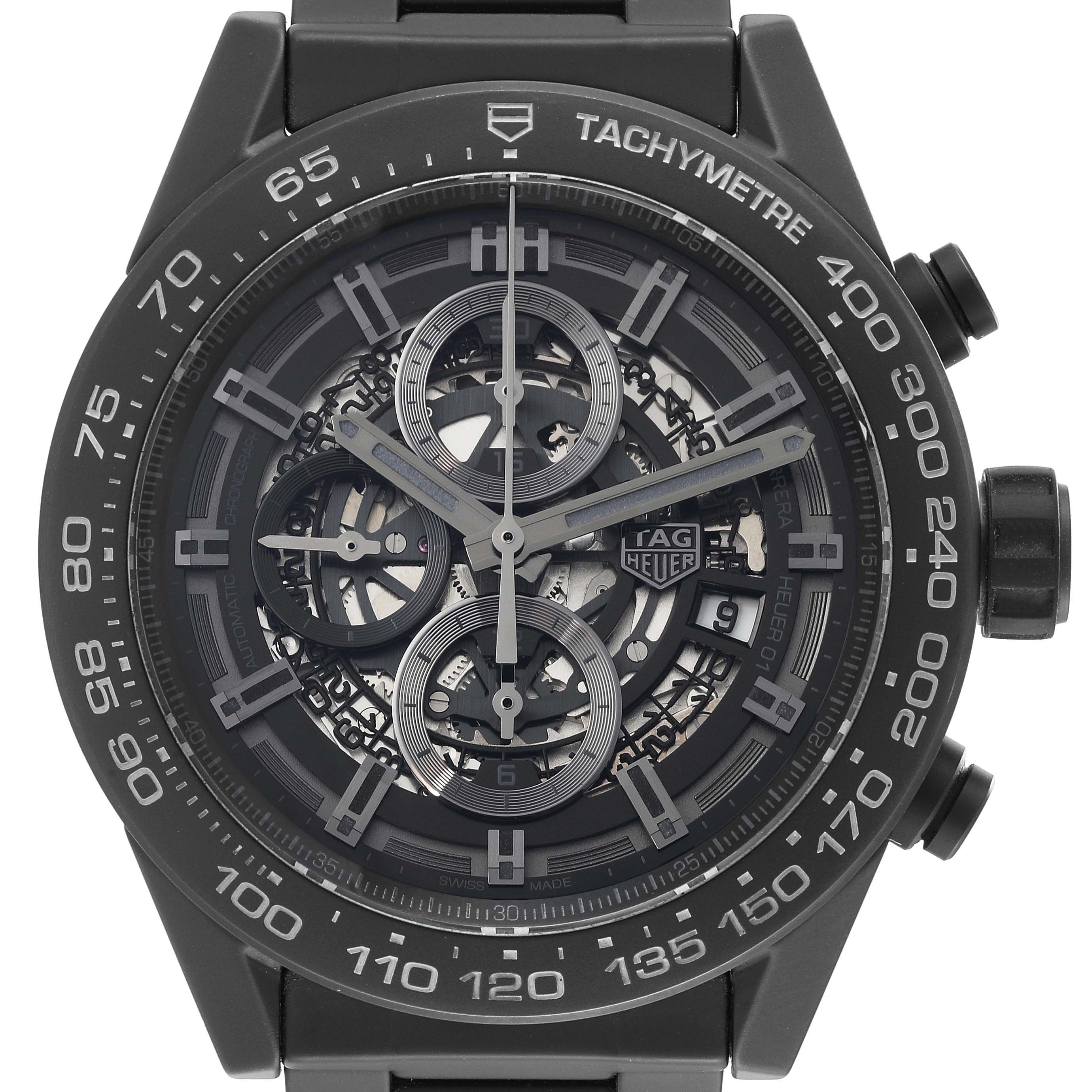 The image shows a front view of the Tag Heuer Carrera CAR2A91.BH0742 Men's Ceramic Transparent Dial CAR2A91.BH0742 Men's Ceramic Transparent Dial watch, highlighting its detailed face, chronographs, and tachymeter bezel.
