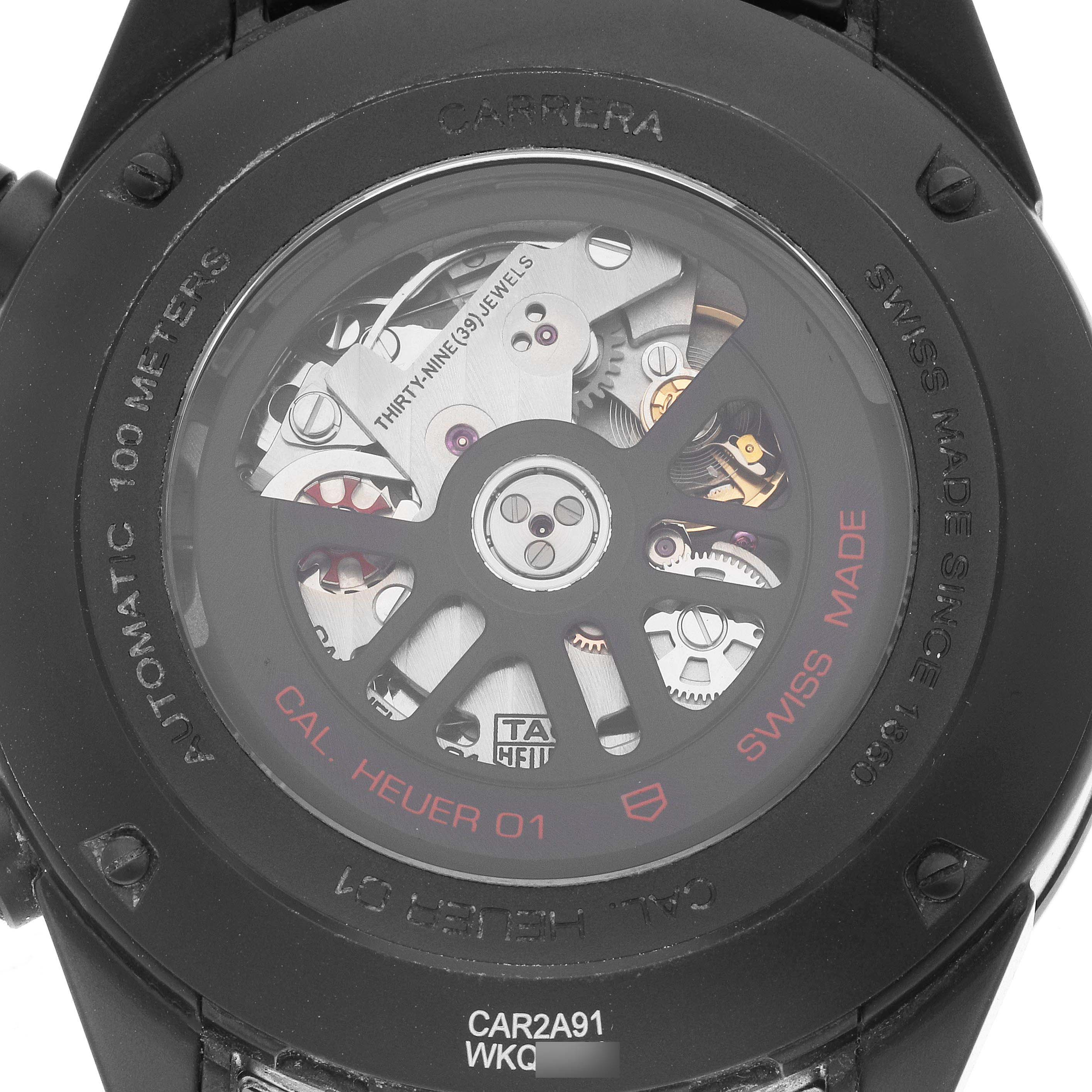 The image shows the back of a Tag Heuer Carrera CAR2A91.BH0742 Men's Ceramic Transparent Dial CAR2A91.BH0742 Men's Ceramic Transparent Dial watch, revealing the intricate internal mechanism and movement details.