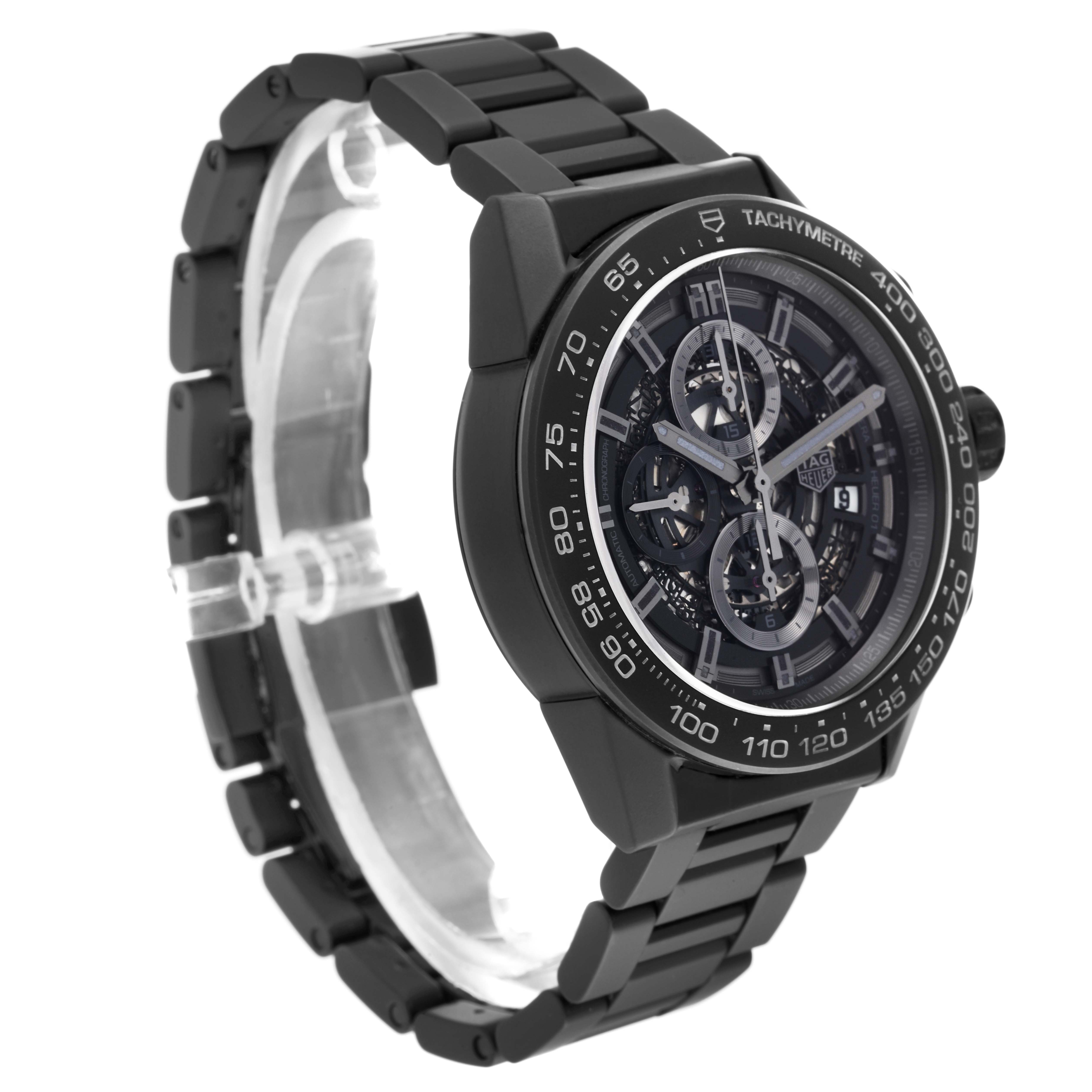 The image shows the Carrera model by Tag Heuer at an angled side view, showing the face, bezel, and band.