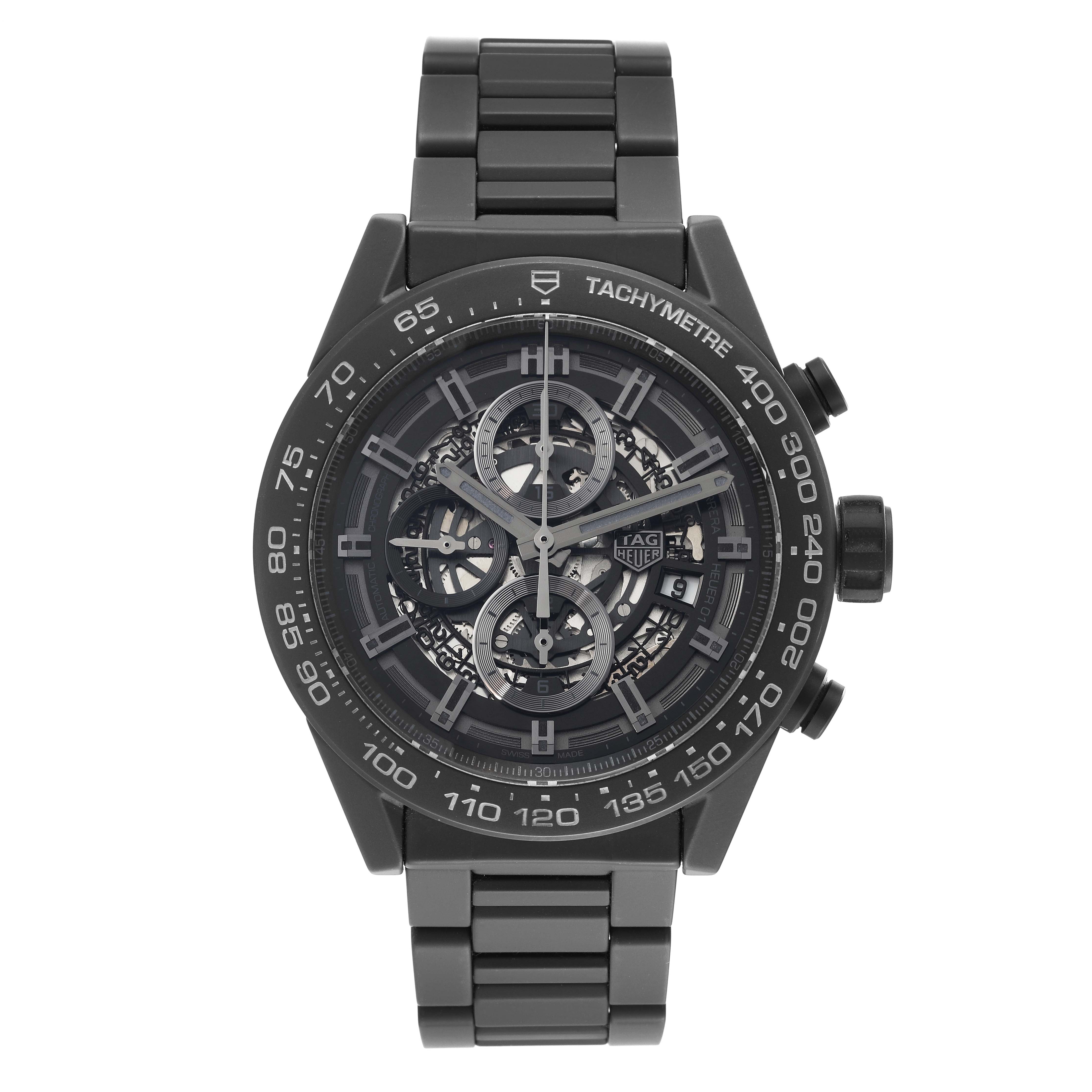 The image shows a front view of the Tag Heuer Carrera CAR2A91.BH0742 Men's Ceramic Transparent Dial CAR2A91.BH0742 Men's Ceramic Transparent Dial watch, highlighting its face, bezel, and bracelet.