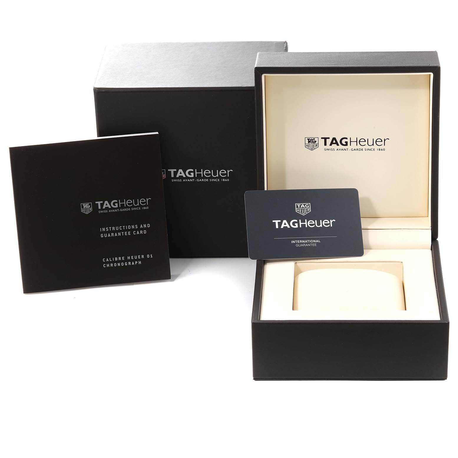 The image shows the packaging, instruction booklet, guarantee card, and presentation box of a Tag Heuer Carrera CAR2A91.BH0742 Men's Ceramic Transparent Dial CAR2A91.BH0742 Men's Ceramic Transparent Dial model watch.