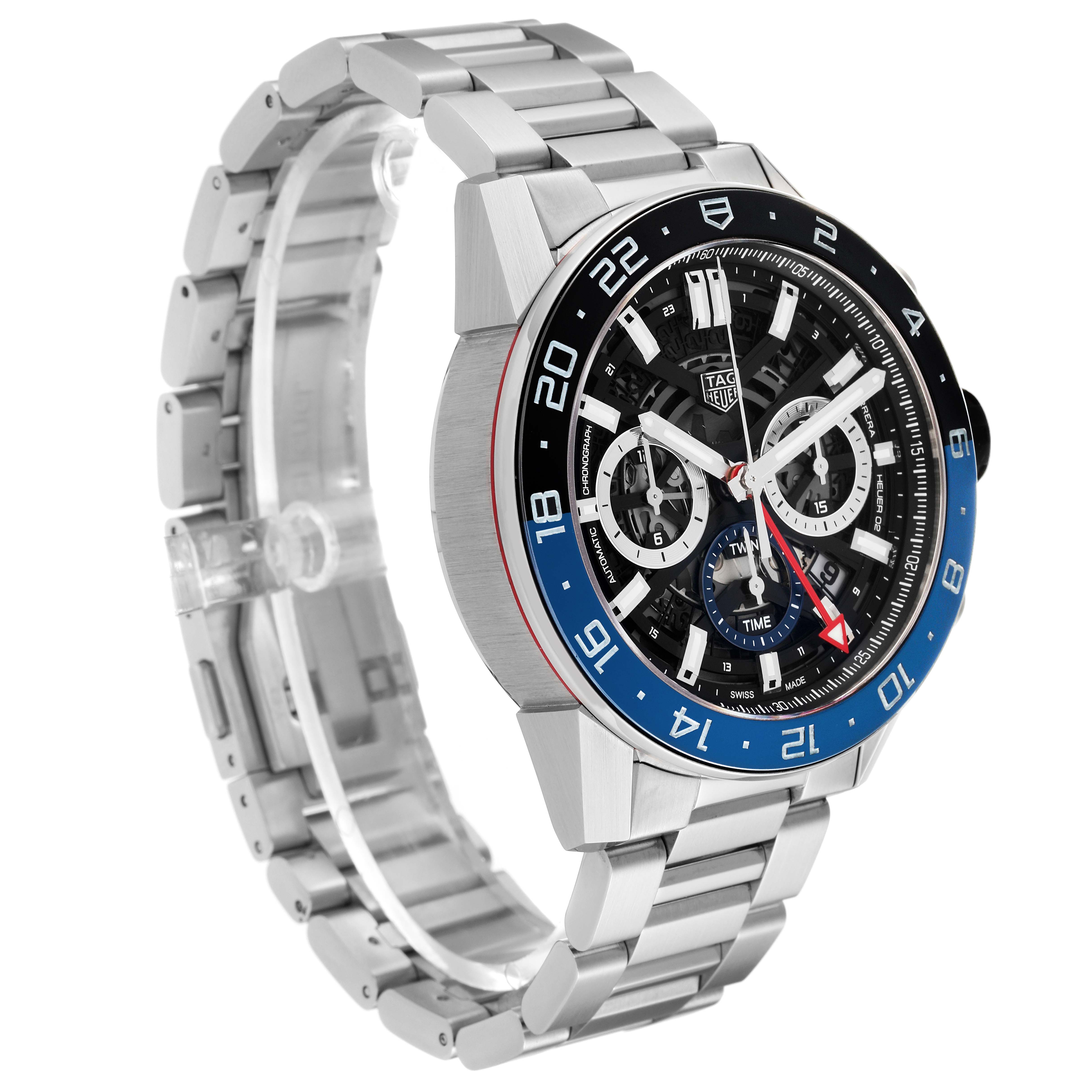 The image shows a Tag Heuer Carrera CBG2A1Z.BA0658 Men's Stainless Steel Transparent Dial CBG2A1Z.BA0658 Men's Stainless Steel Transparent Dial watch at a three-quarter angle, highlighting its face, bezel, and stainless steel bracelet.