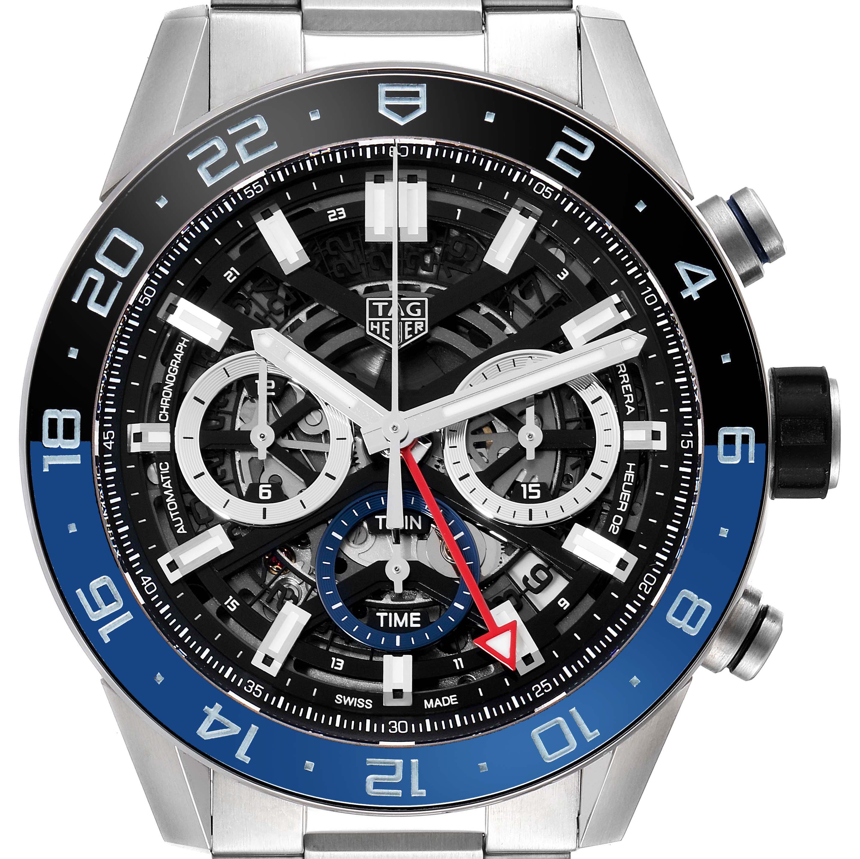 This image shows a close-up, front view of the Tag Heuer Carrera CBG2A1Z.BA0658 Men's Stainless Steel Transparent Dial CBG2A1Z.BA0658 Men's Stainless Steel Transparent Dial watch, highlighting its dial and chronograph features.