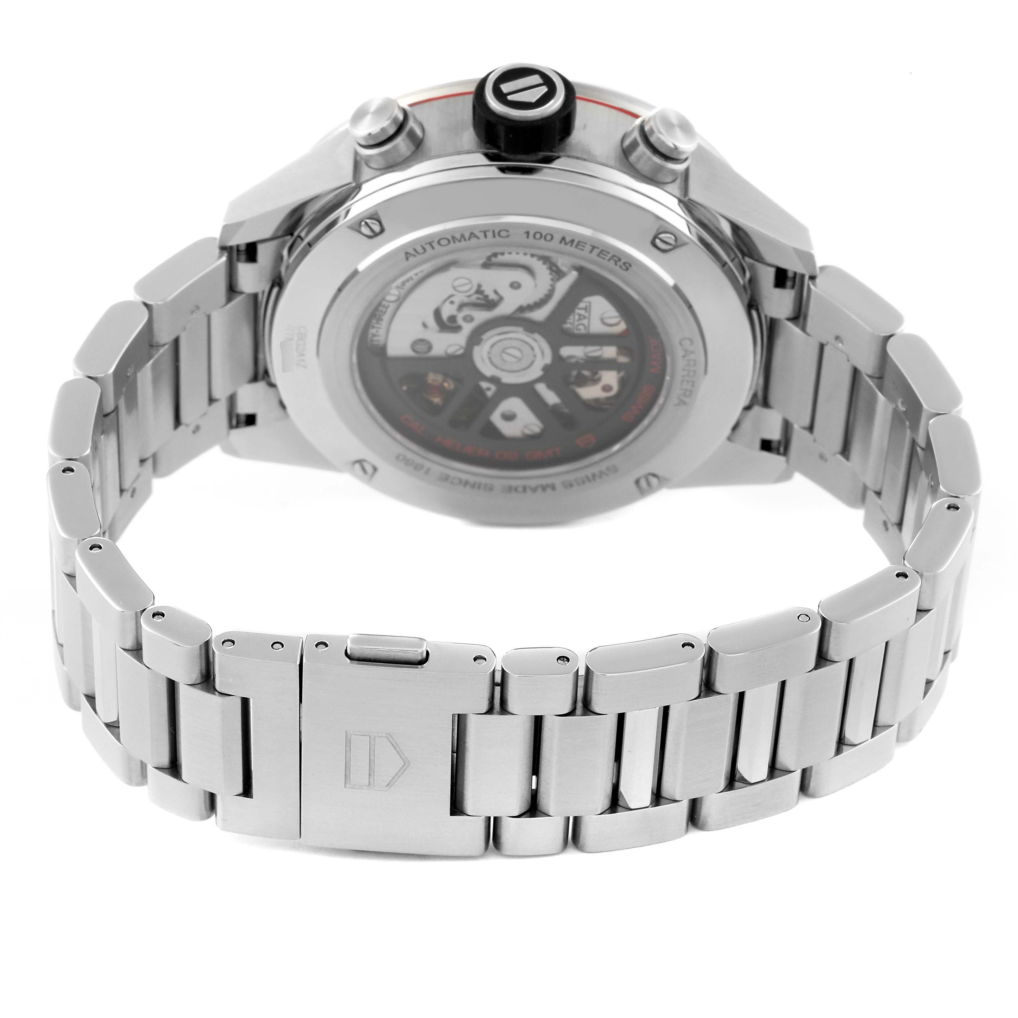 This image shows the back of a Tag Heuer Carrera CBG2A1Z.BA0658 Men's Stainless Steel Transparent Dial CBG2A1Z.BA0658 Men's Stainless Steel Transparent Dial watch, highlighting its automatic movement and stainless steel bracelet.
