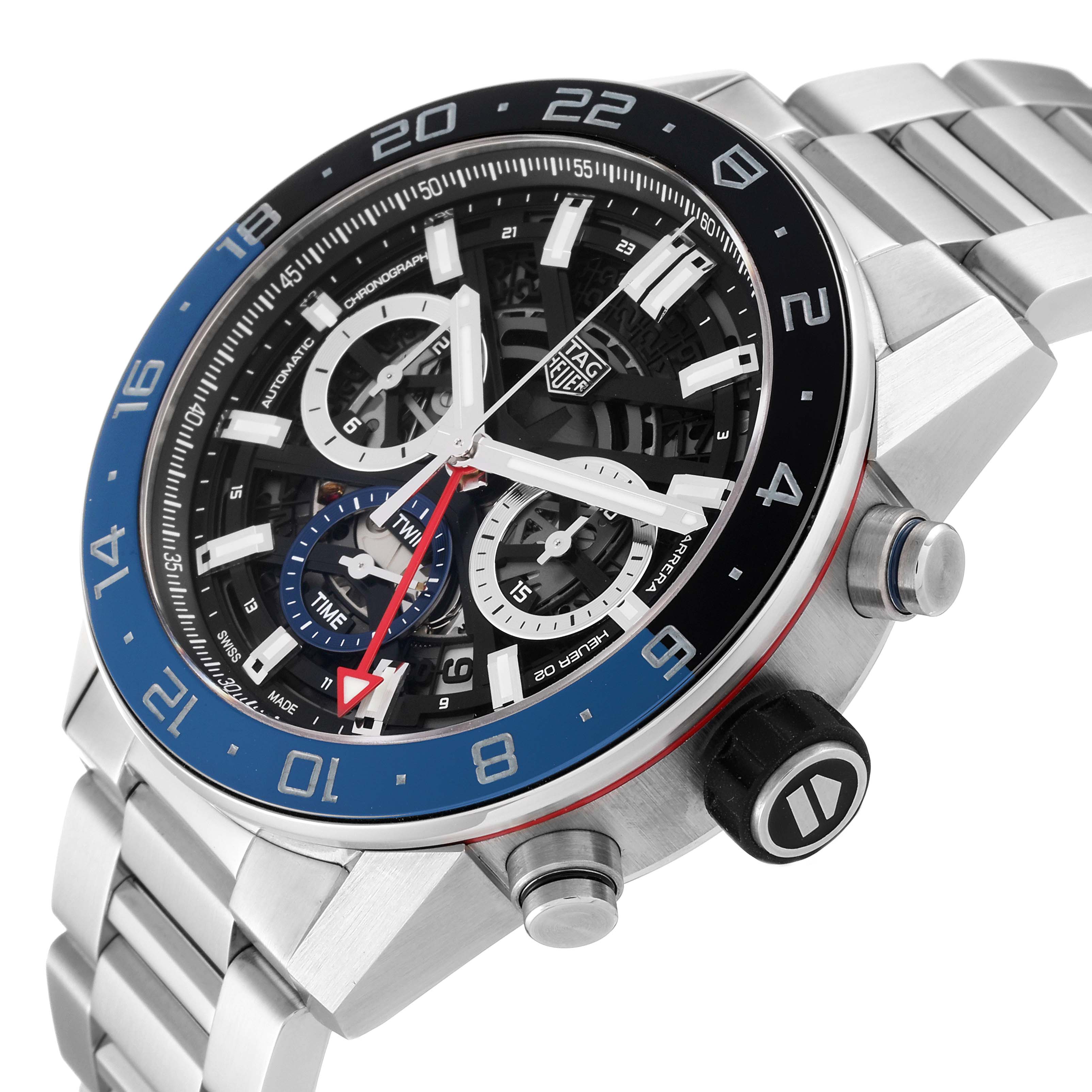 The image shows a side angle view of a Tag Heuer Carrera CBG2A1Z.BA0658 Men's Stainless Steel Transparent Dial CBG2A1Z.BA0658 Men's Stainless Steel Transparent Dial watch featuring its face, bezel, and stainless steel bracelet.