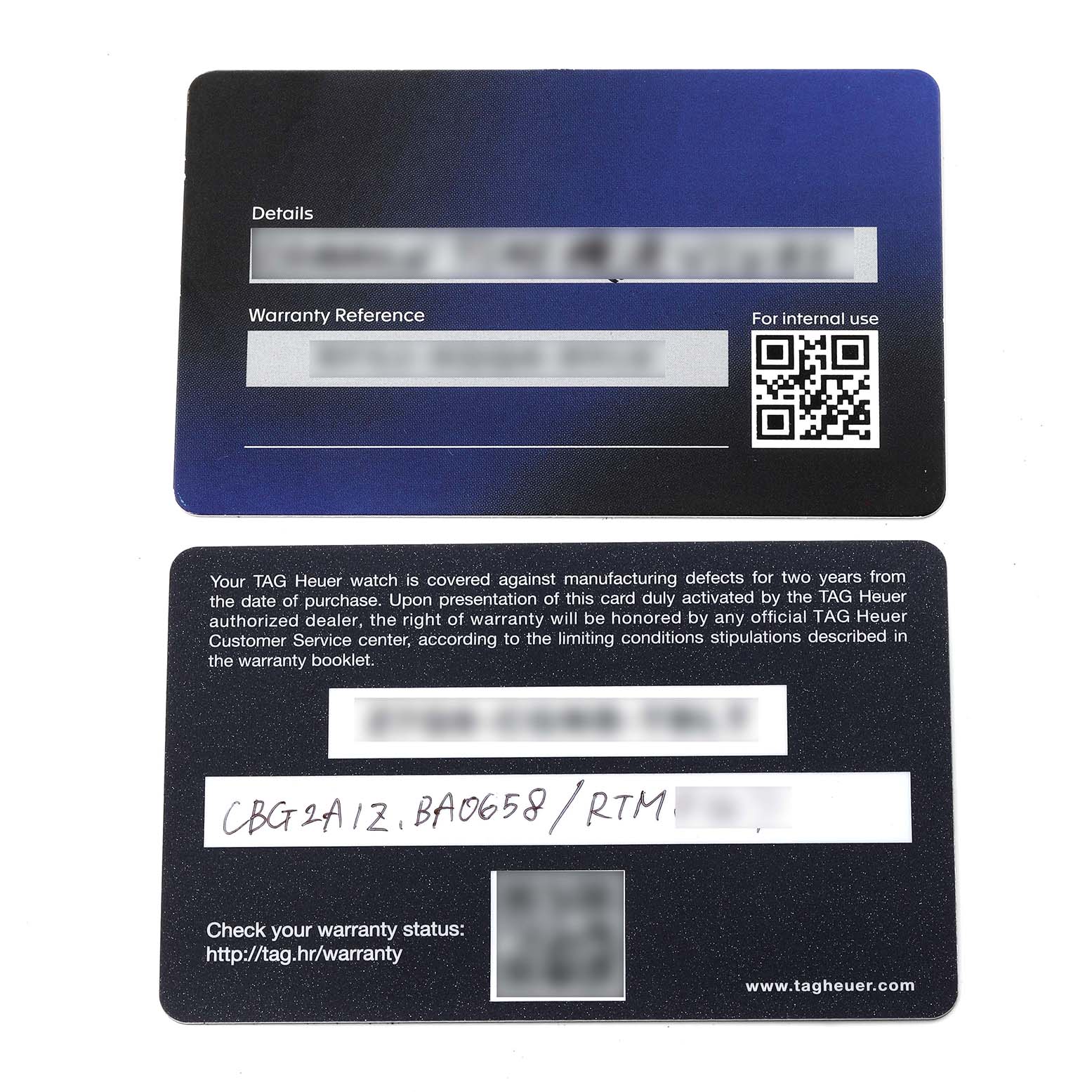 The image shows two warranty cards for a Tag Heuer Carrera CBG2A1Z.BA0658 Men's Stainless Steel Transparent Dial CBG2A1Z.BA0658 Men's Stainless Steel Transparent Dial model watch.