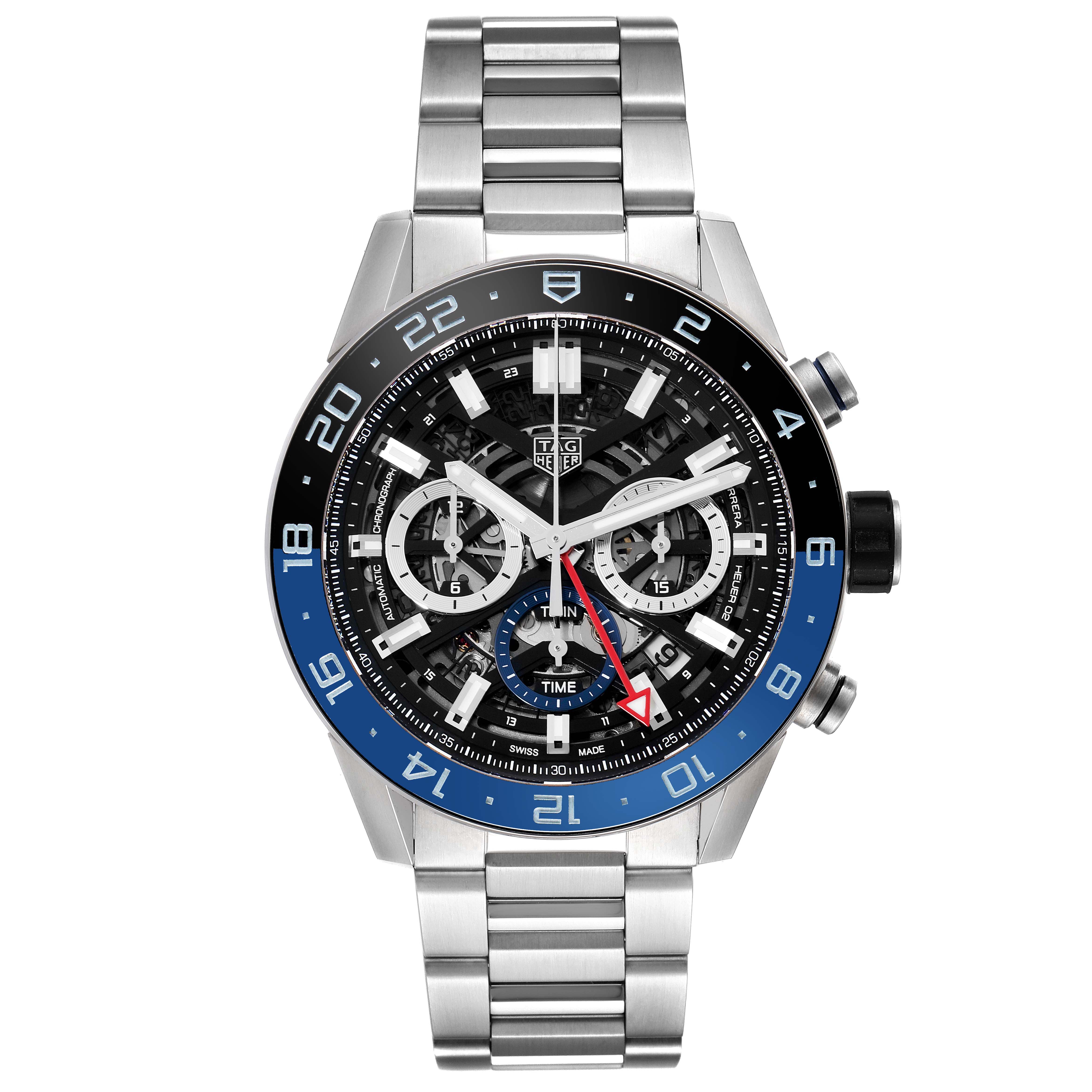 This image shows a frontal view of the Tag Heuer Carrera CBG2A1Z.BA0658 Men's Stainless Steel Transparent Dial CBG2A1Z.BA0658 Men's Stainless Steel Transparent Dial watch, highlighting its face, bezel, and metal bracelet.