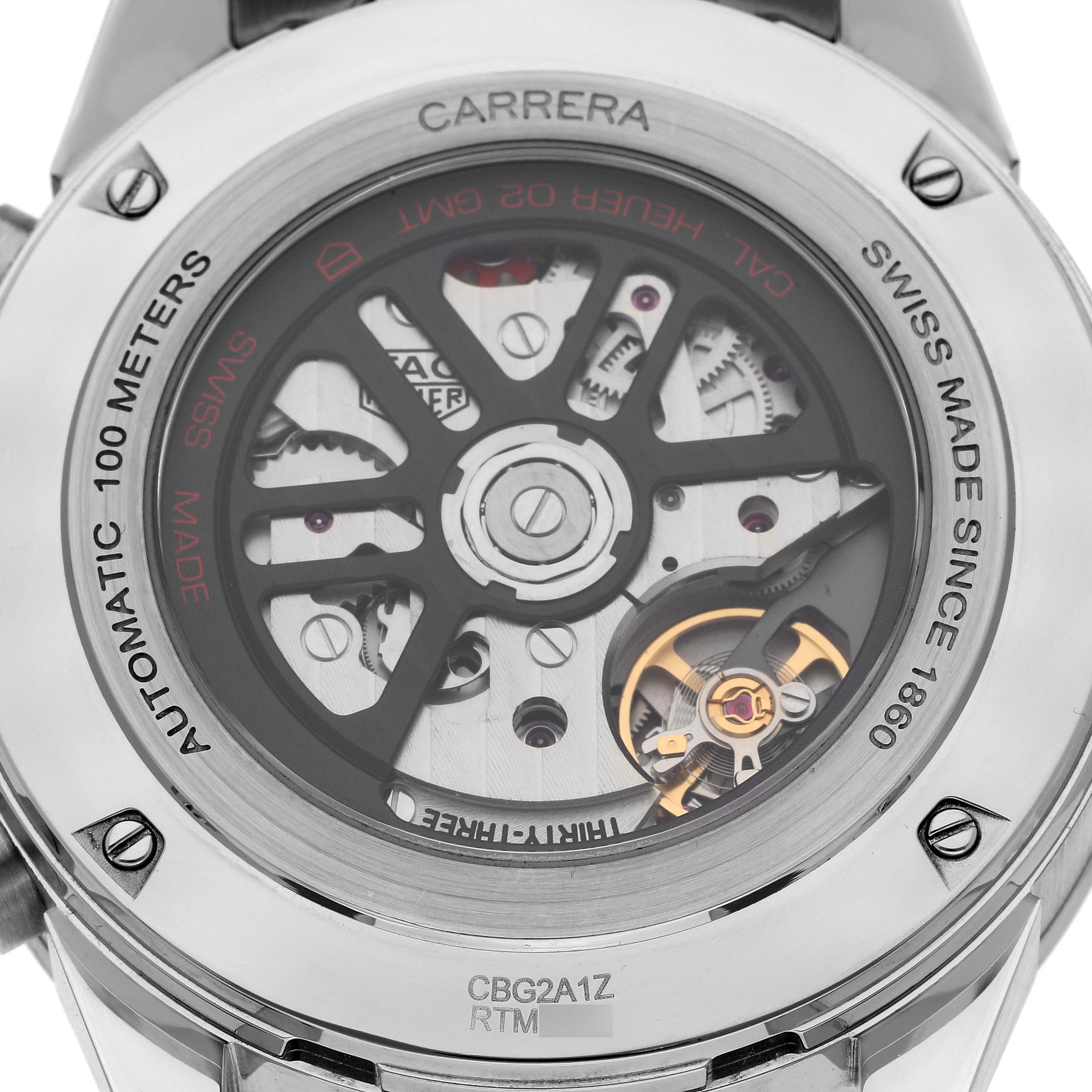 This is the back view of the Tag Heuer Carrera CBG2A1Z.BA0658 Men's Stainless Steel Transparent Dial CBG2A1Z.BA0658 Men's Stainless Steel Transparent Dial model watch, showcasing its automatic movement and intricate mechanical parts.