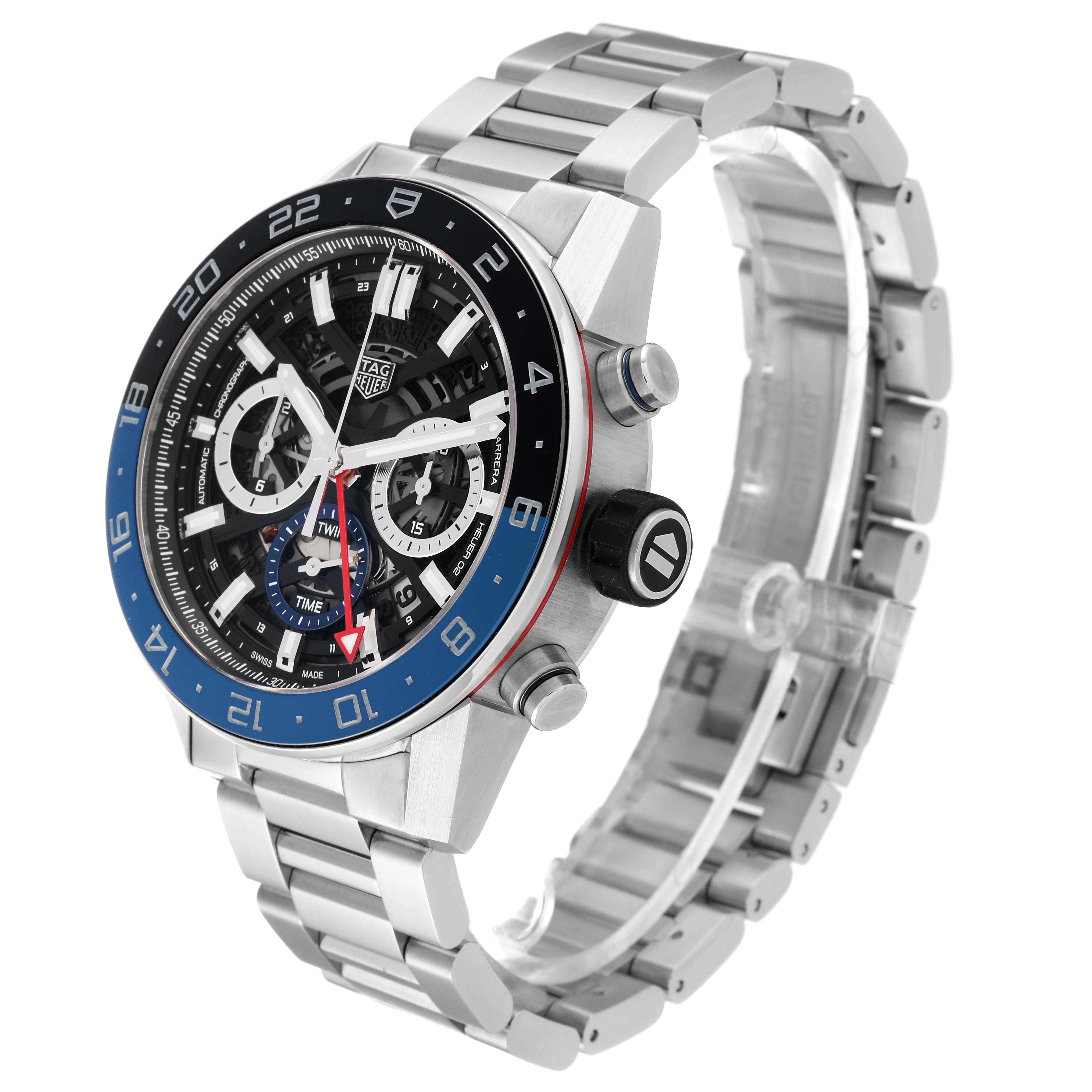 This image shows a Tag Heuer Carrera CBG2A1Z.BA0658 Men's Stainless Steel Transparent Dial CBG2A1Z.BA0658 Men's Stainless Steel Transparent Dial model watch at a three-quarter angle highlighting the dial and the metal bracelet.