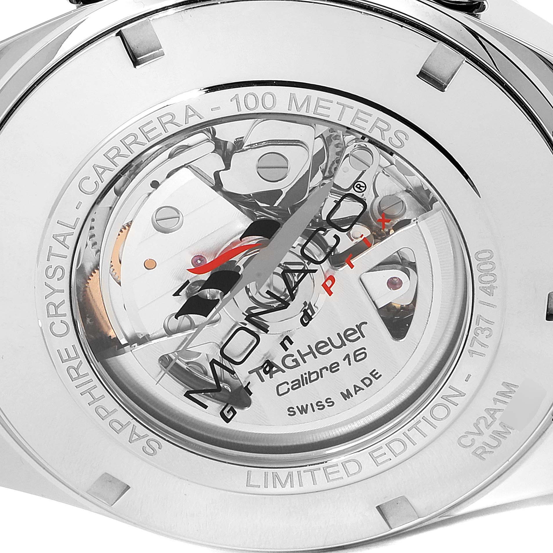 The image shows the back case of the Tag Heuer Monaco CV2A1M.FT6033 Men's Stainless Steel Black Dial CV2A1M.FT6033 Men's Stainless Steel Black Dial watch, displaying the movement and limited edition details.