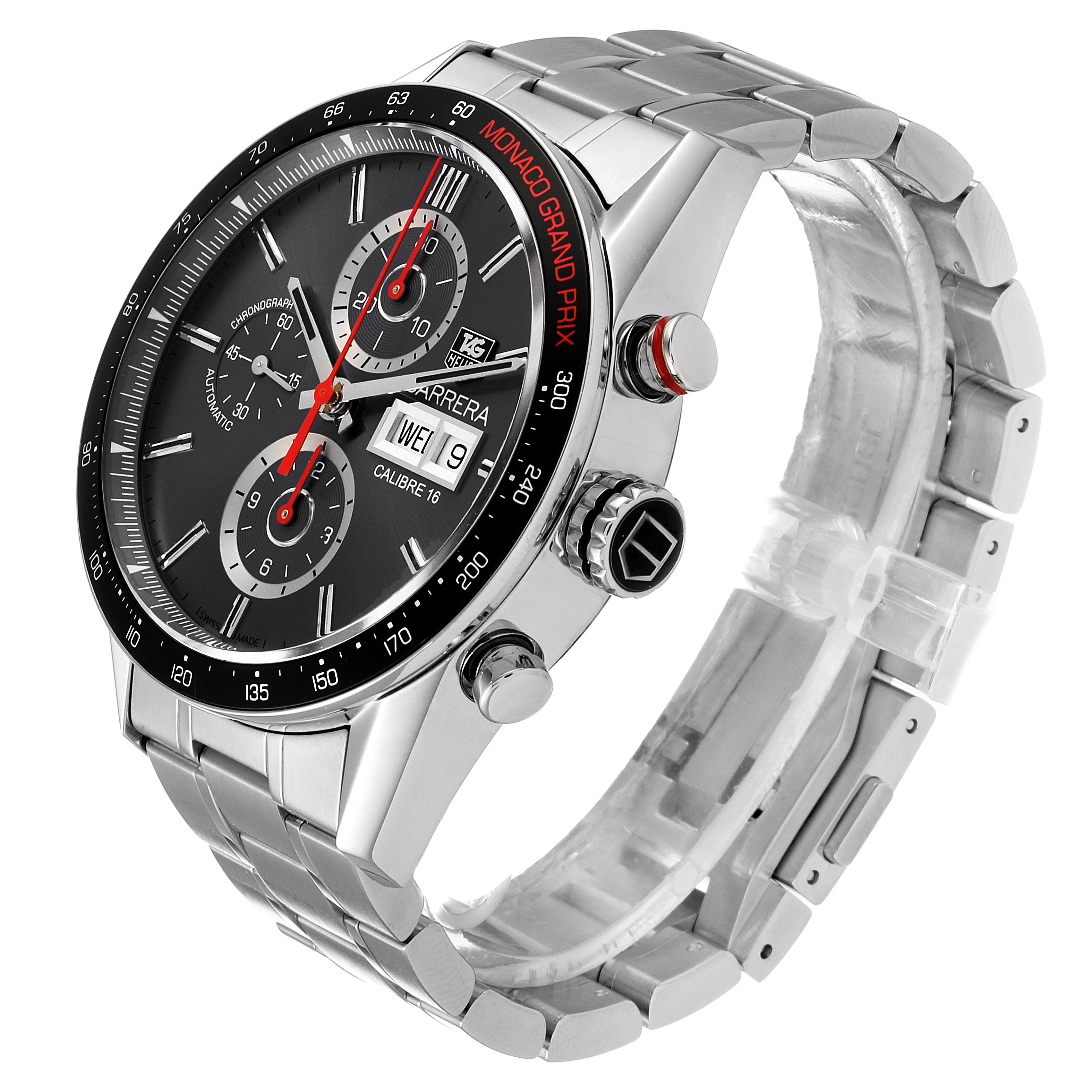 The image shows a side-angle view of the Tag Heuer Monaco CV2A1M.FT6033 Men's Stainless Steel Black Dial CV2A1M.FT6033 Men's Stainless Steel Black Dial model, featuring its face, crown, pushers, and stainless steel bracelet.