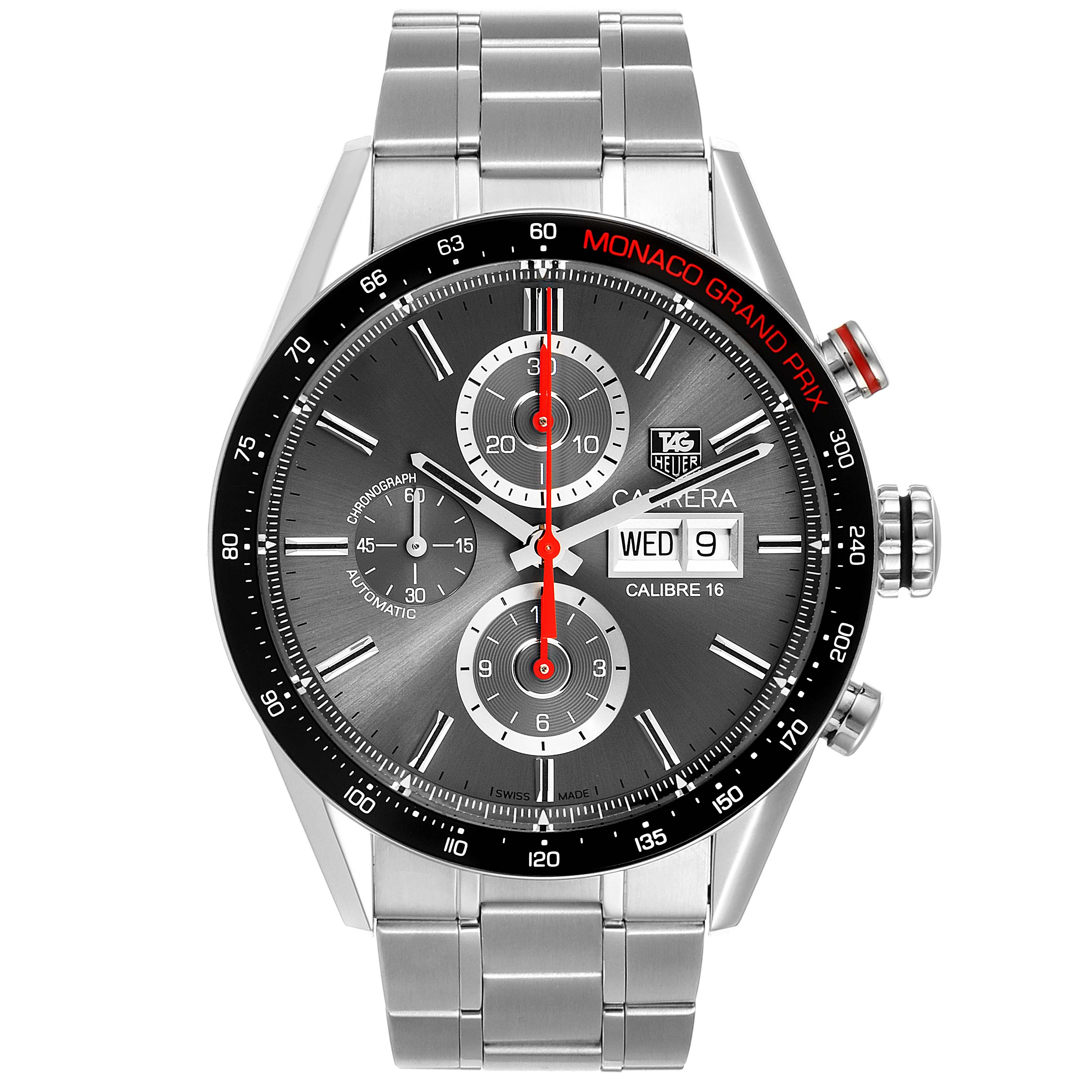 This image shows a front view of a Tag Heuer Monaco CV2A1M.FT6033 Men's Stainless Steel Black Dial CV2A1M.FT6033 Men's Stainless Steel Black Dial watch, displaying its face, bezel, and band.