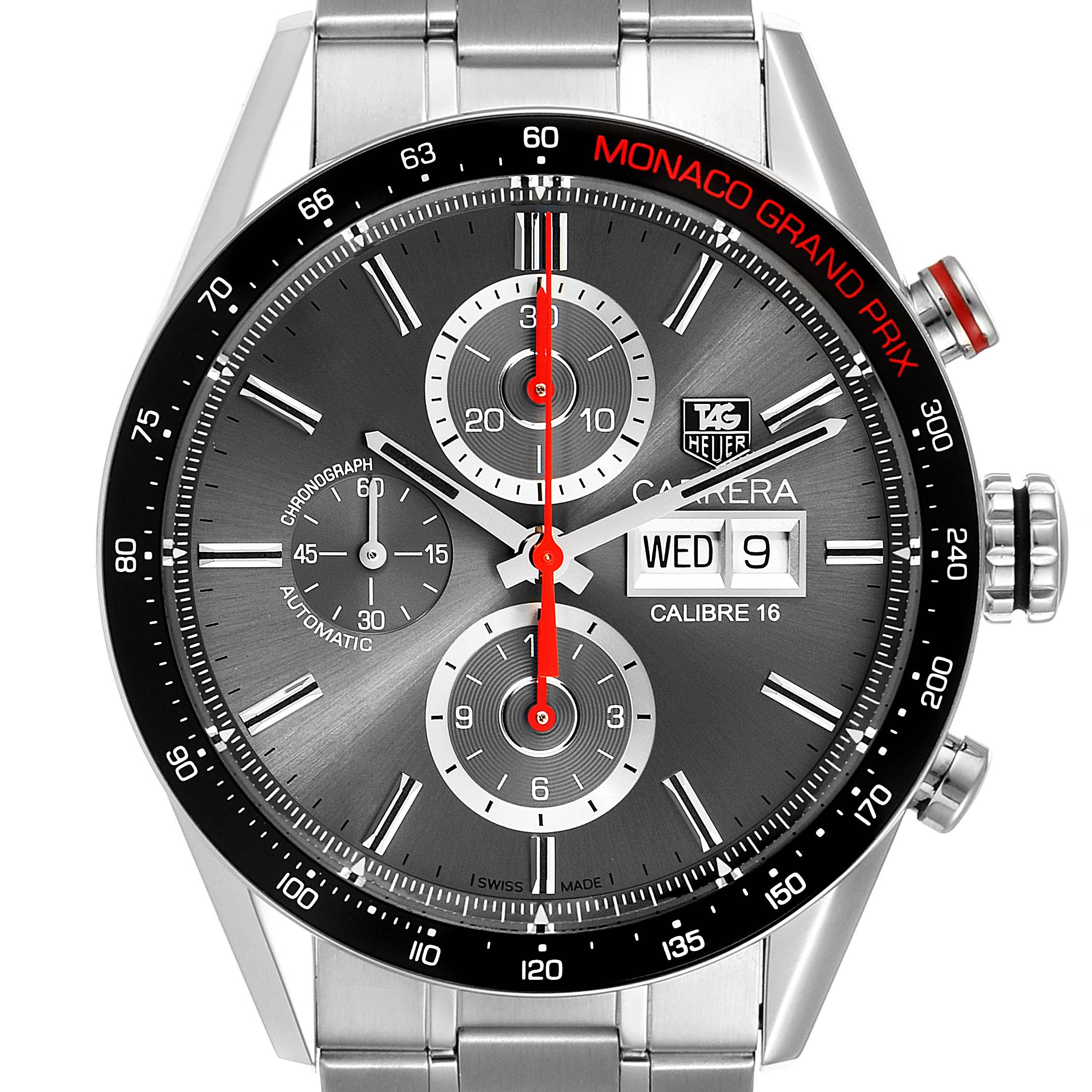 The image shows a close-up of the dial and bezel of a Tag Heuer Monaco CV2A1M.FT6033 Men's Stainless Steel Black Dial CV2A1M.FT6033 Men's Stainless Steel Black Dial model watch.