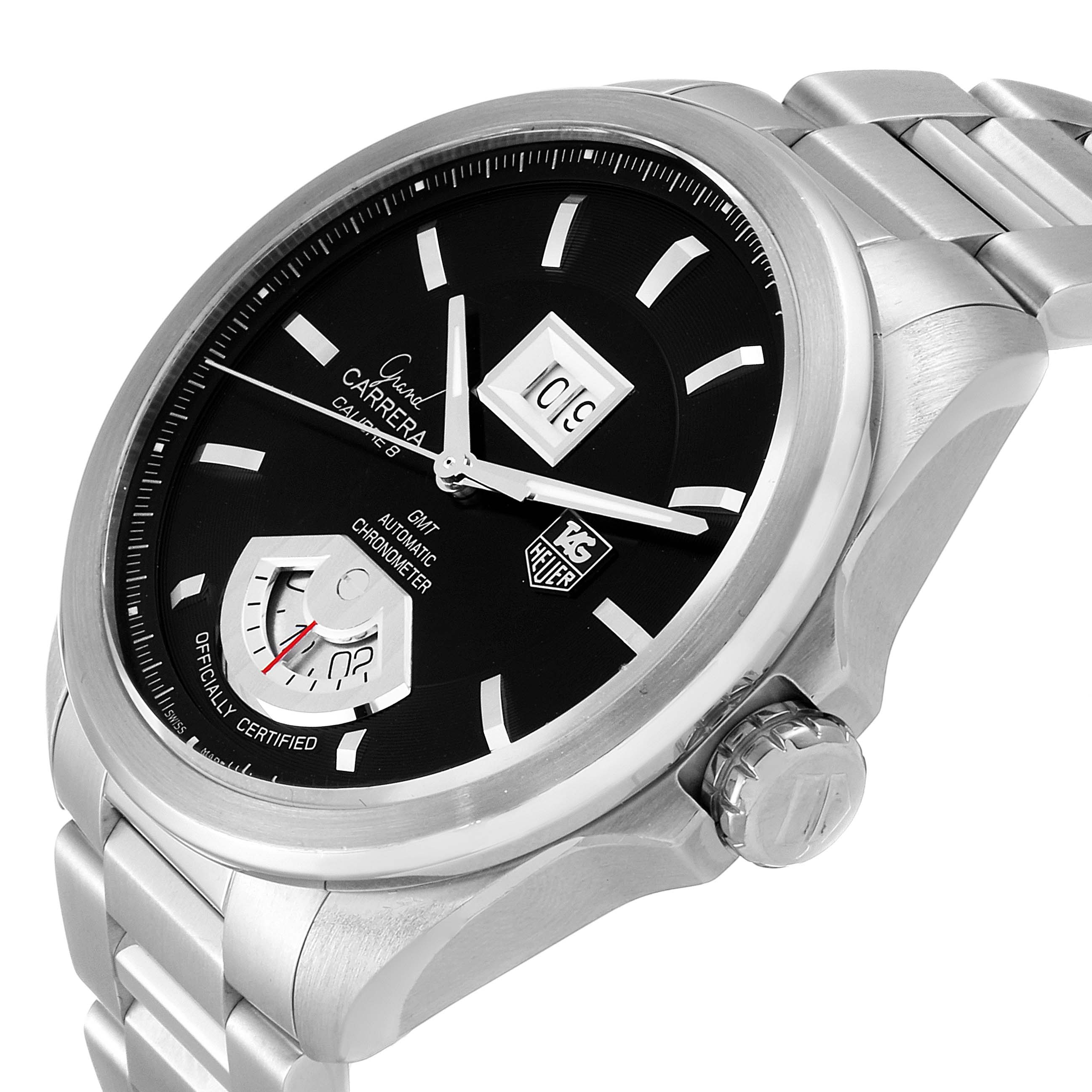 The image shows a close-up, angled view of the Tag Heuer Carrera WAV5111.BA0901 Men
s Stainless Steel Black Dial WAV5111.BA0901 Men
s Stainless Steel Black Dial watch, highlighting its dial, crown, and bracelet.