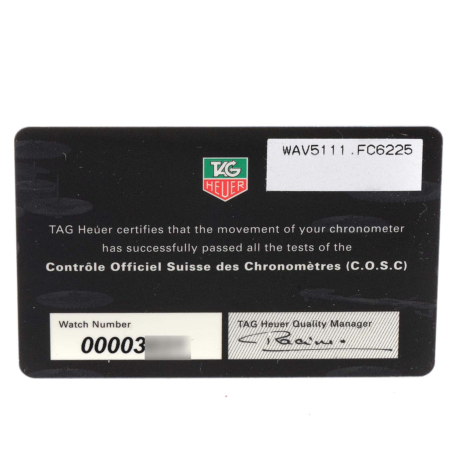 This image shows a certification card for the Tag Heuer Carrera WAV5111.BA0901 Men
s Stainless Steel Black Dial WAV5111.BA0901 Men
s Stainless Steel Black Dial model watch, specifically for model number WAV5111.FC6225.