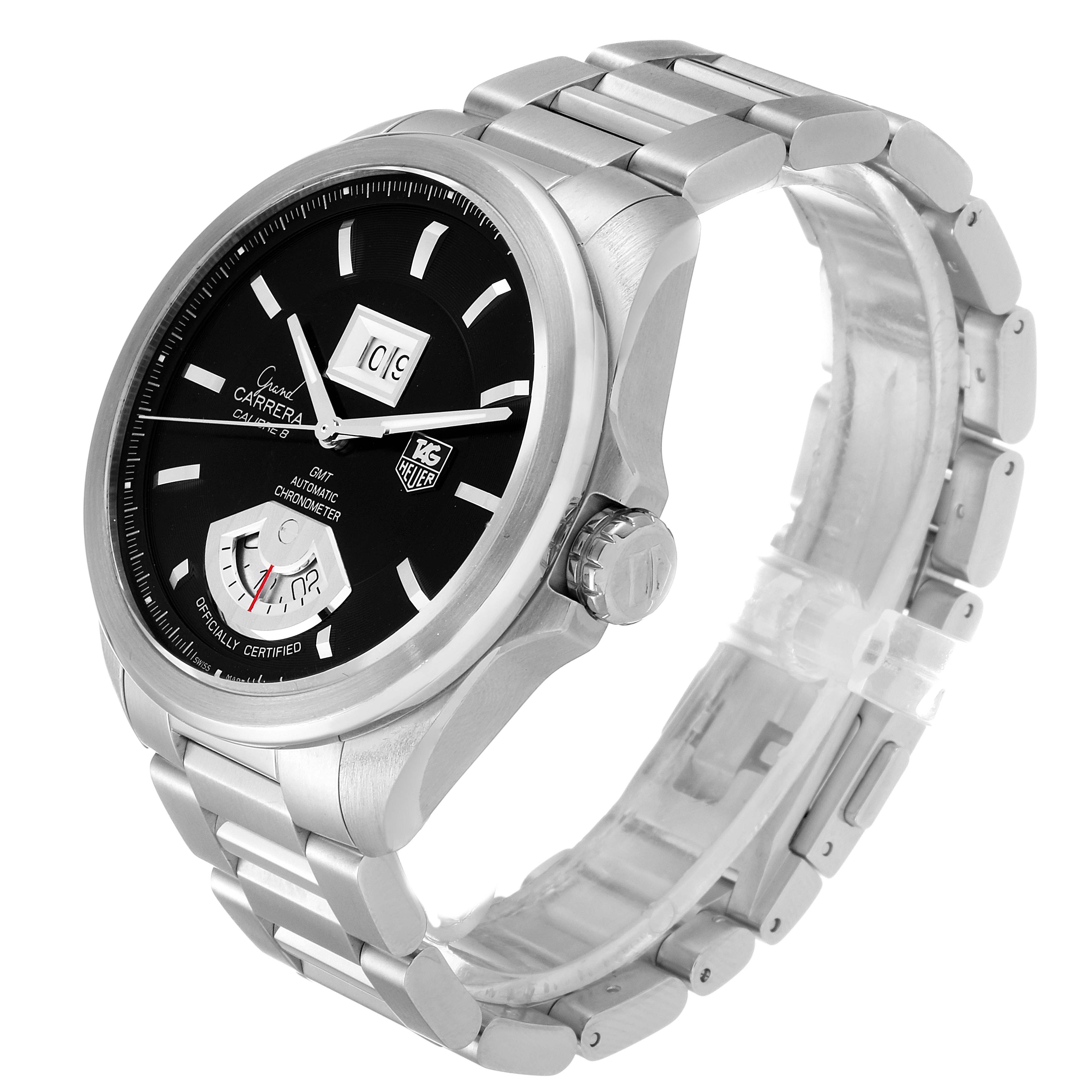 The image shows a side angle of the Tag Heuer Carrera WAV5111.BA0901 Men
s Stainless Steel Black Dial WAV5111.BA0901 Men
s Stainless Steel Black Dial watch, highlighting its face, dial, and metal bracelet.