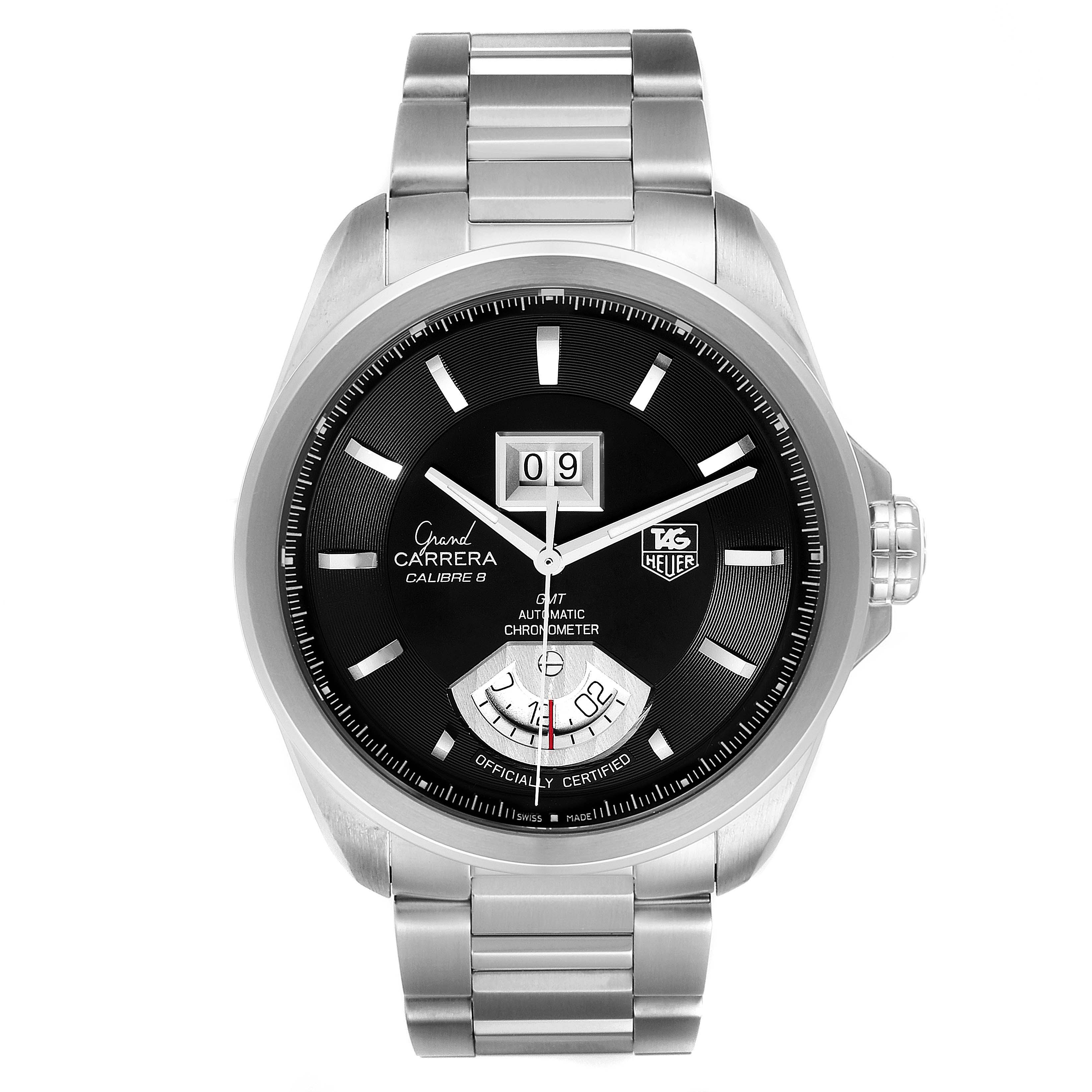 The image shows a front view of a Tag Heuer Carrera WAV5111.BA0901 Men
s Stainless Steel Black Dial WAV5111.BA0901 Men
s Stainless Steel Black Dial watch with a black dial and silver bracelet.