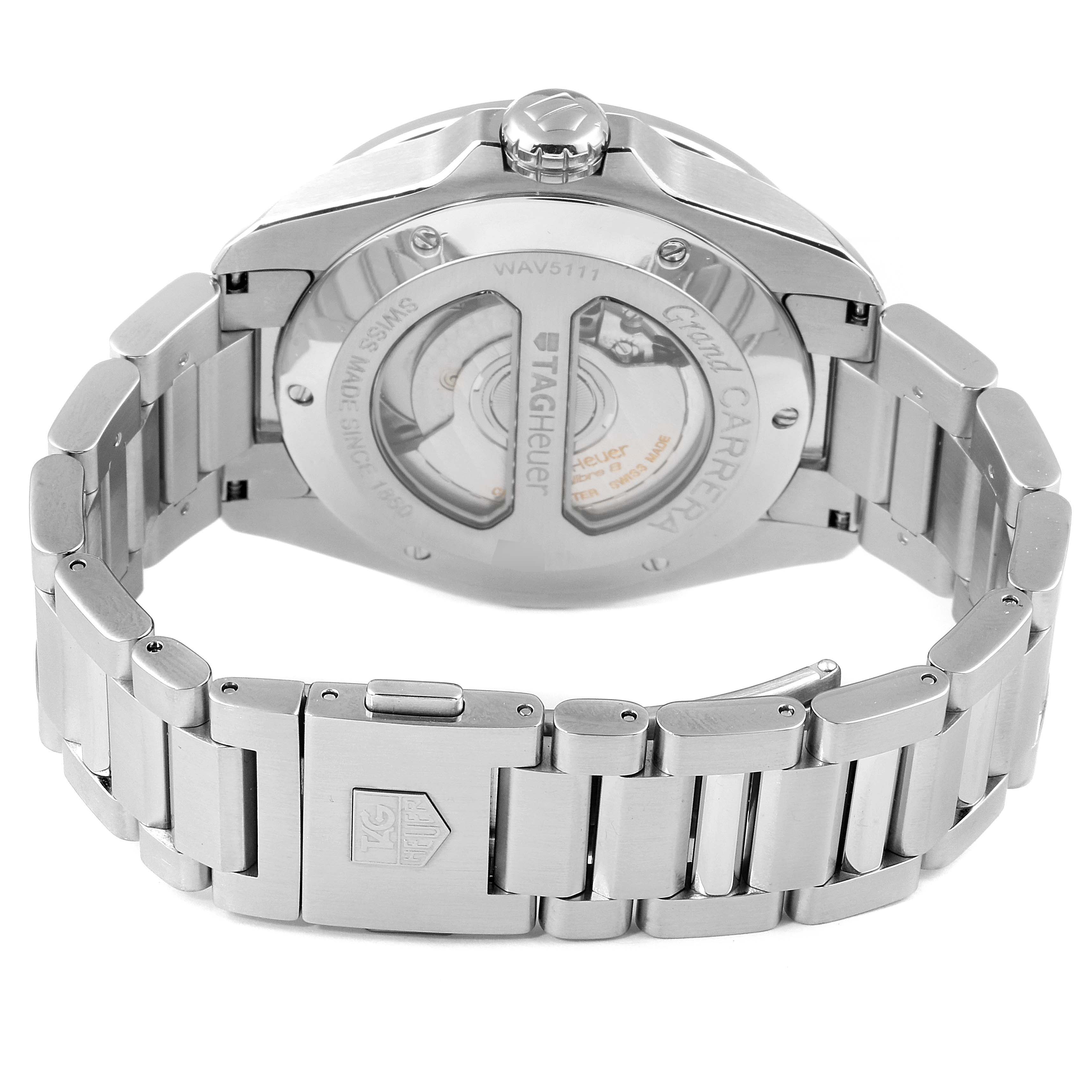 The image shows the back view of a Carrera model by Tag Heuer, highlighting the caseback and bracelet.