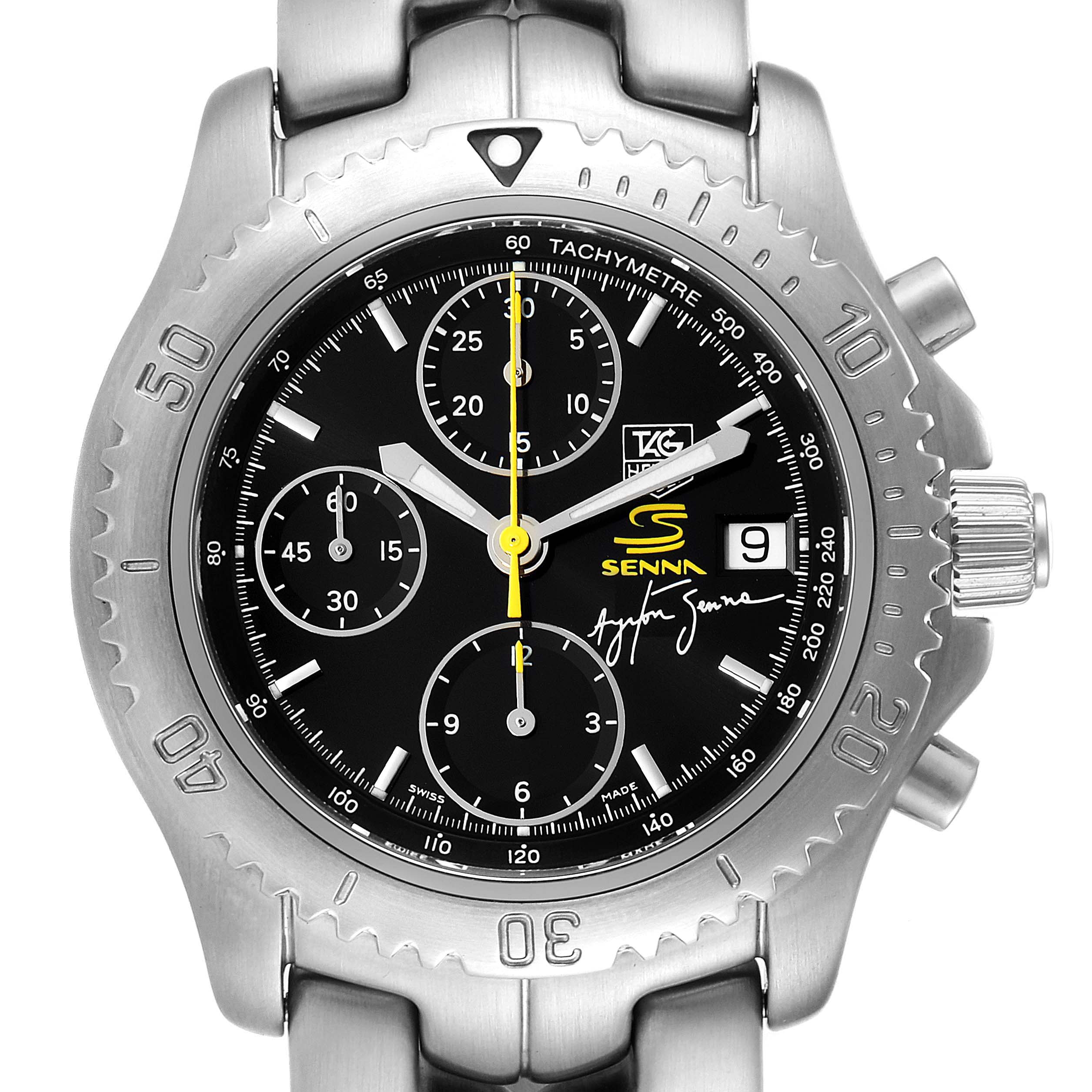 The image shows a front view of the Tag Heuer Limited Edition CT2115 Men's Stainless Steel Black Dial CT2115 Men's Stainless Steel Black Dial watch, displaying its bezel, dial, sub-dials, and date window.