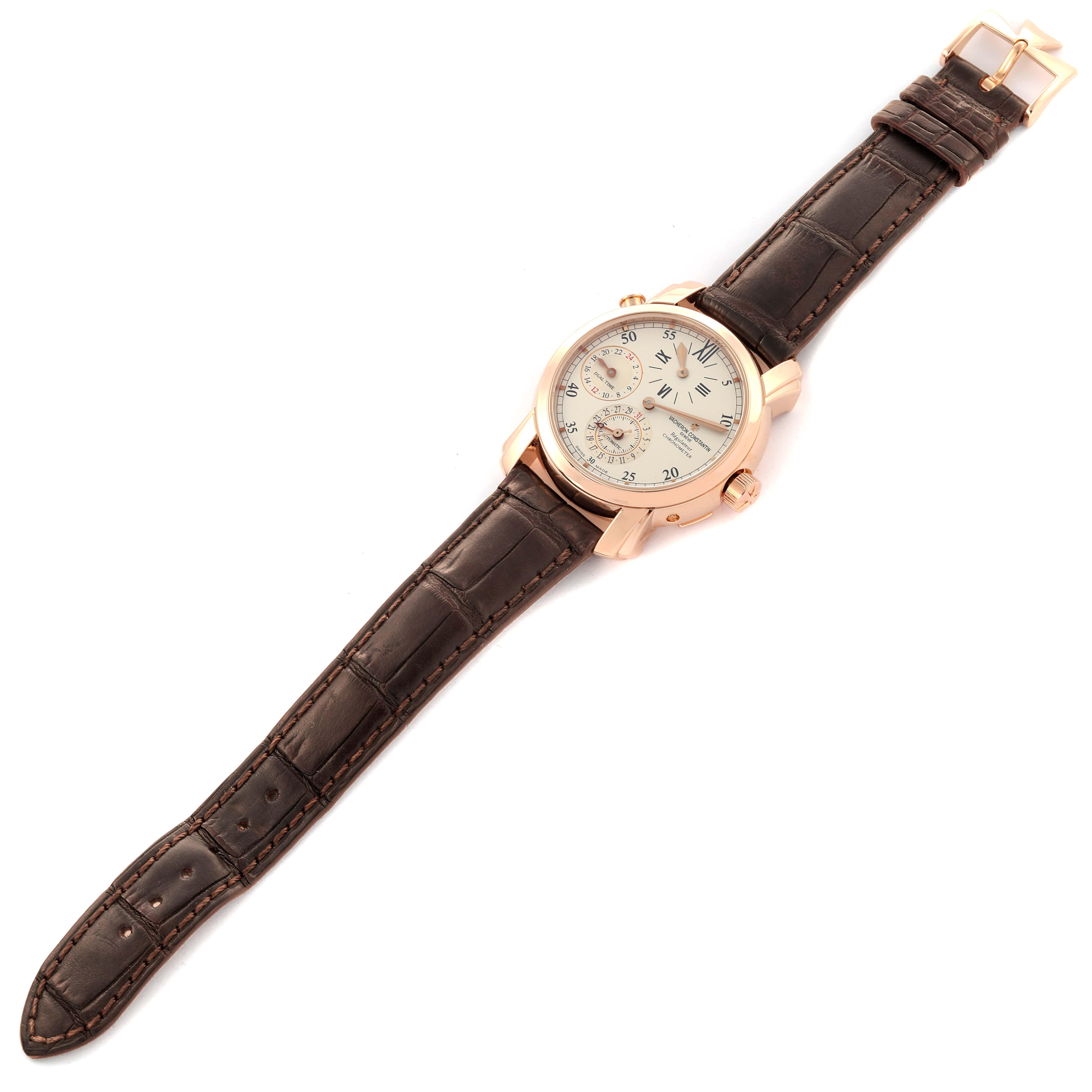 The Vacheron Constantin Malte 42005 Men's Rose Gold Silver Dial 42005 Men's Rose Gold Silver Dial watch is shown at a slight angle, featuring its dial, case, and leather strap.