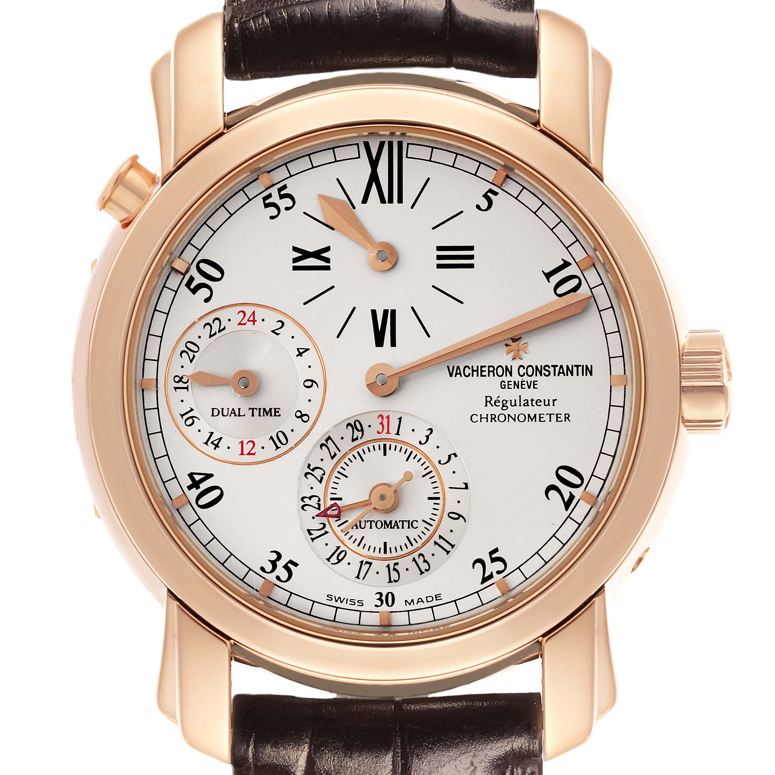 The Vacheron Constantin Malte 42005 Men's Rose Gold Silver Dial 42005 Men's Rose Gold Silver Dial watch is shown from a front angle, displaying its dial, crown, and strap attachment.