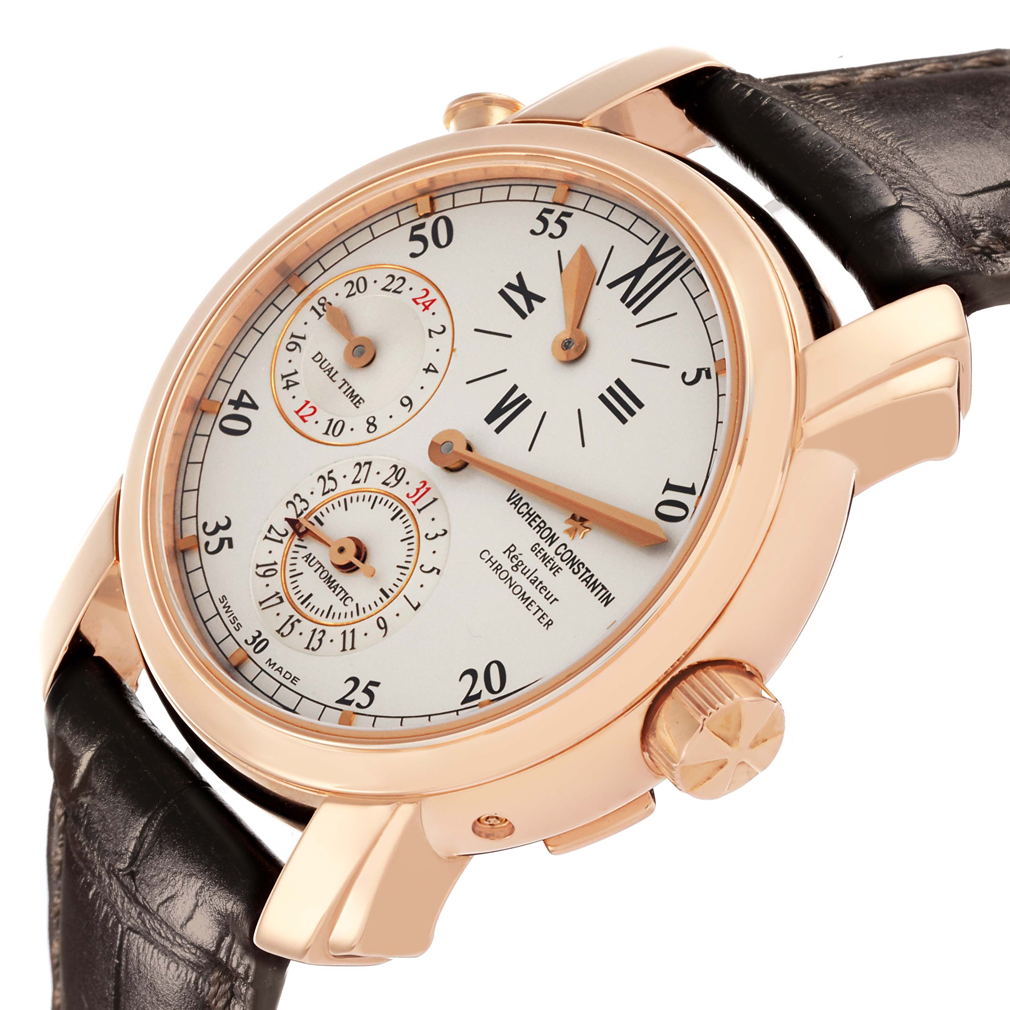 The Vacheron Constantin Malte 42005 Men's Rose Gold Silver Dial 42005 Men's Rose Gold Silver Dial watch is shown at a slight angled close-up, highlighting its dial, crown, and strap.