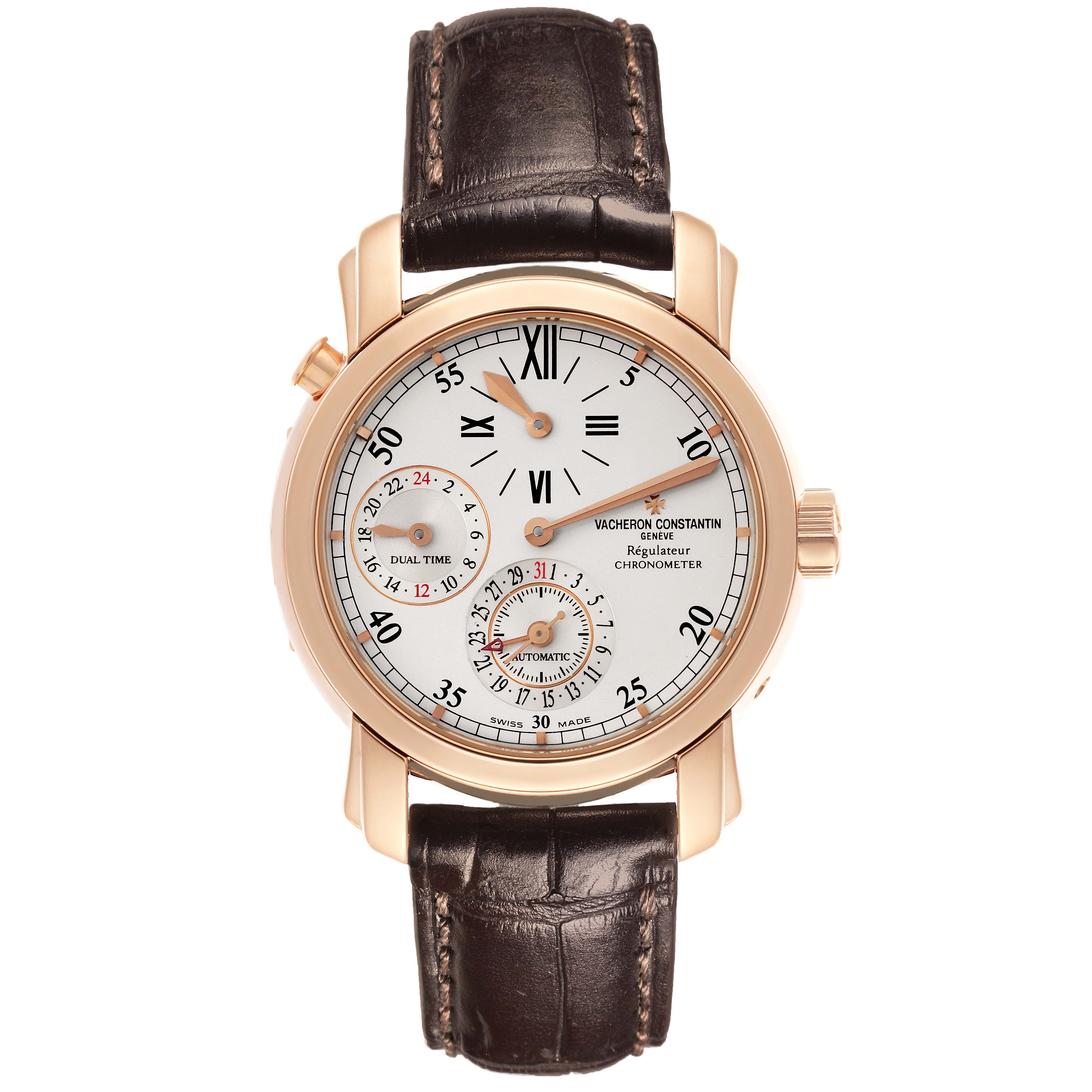 The Vacheron Constantin Malte 42005 Men's Rose Gold Silver Dial 42005 Men's Rose Gold Silver Dial watch is shown from a straight-on angle, highlighting its dial, hands, and leather strap.