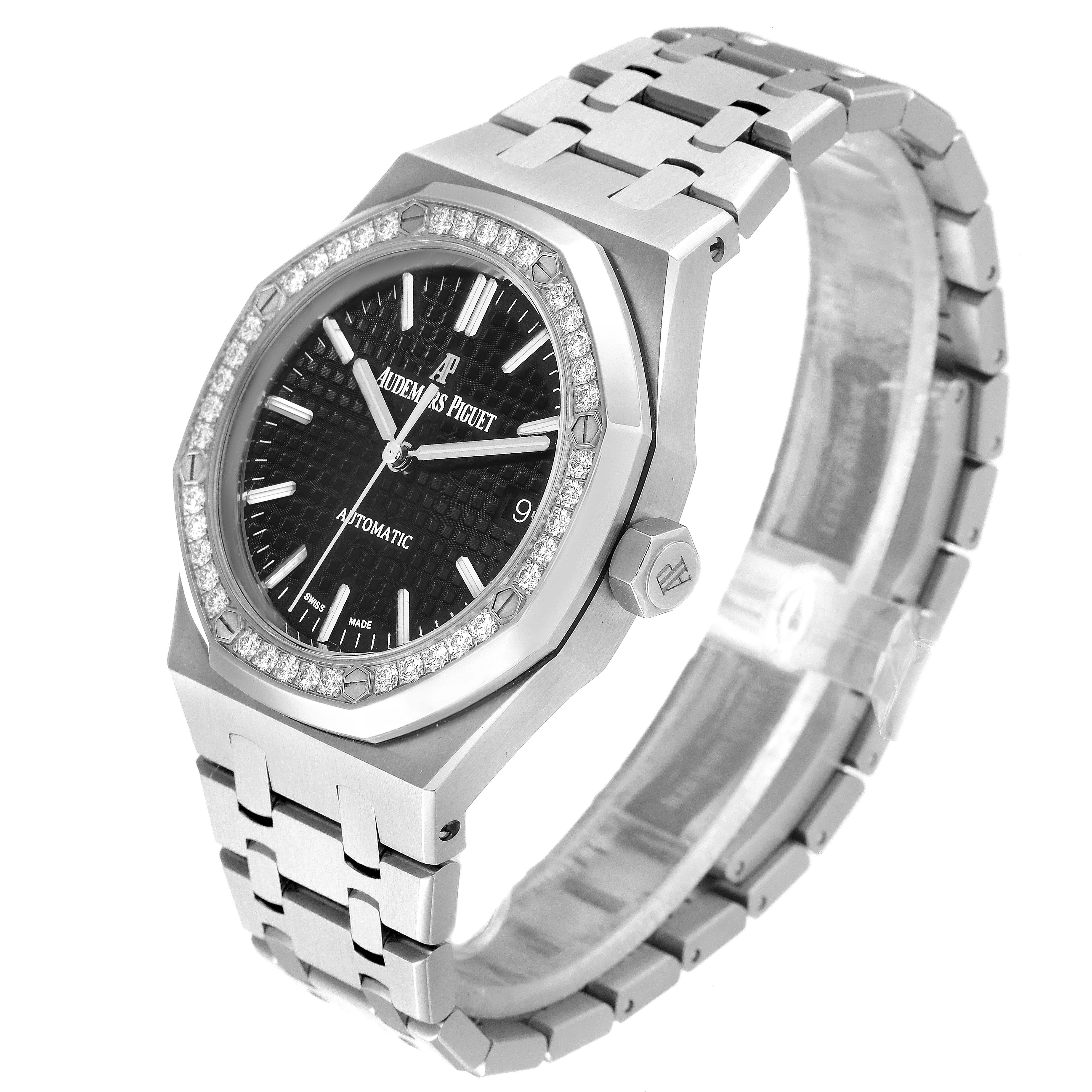 This image shows a side angle of an Audemars Piguet Royal Oak 15451ST.ZZ.1256ST.01 Men's Stainless Steel Black Dial 15451ST.ZZ.1256ST.01 Men's Stainless Steel Black Dial watch, focusing on the face, bezel, and bracelet.