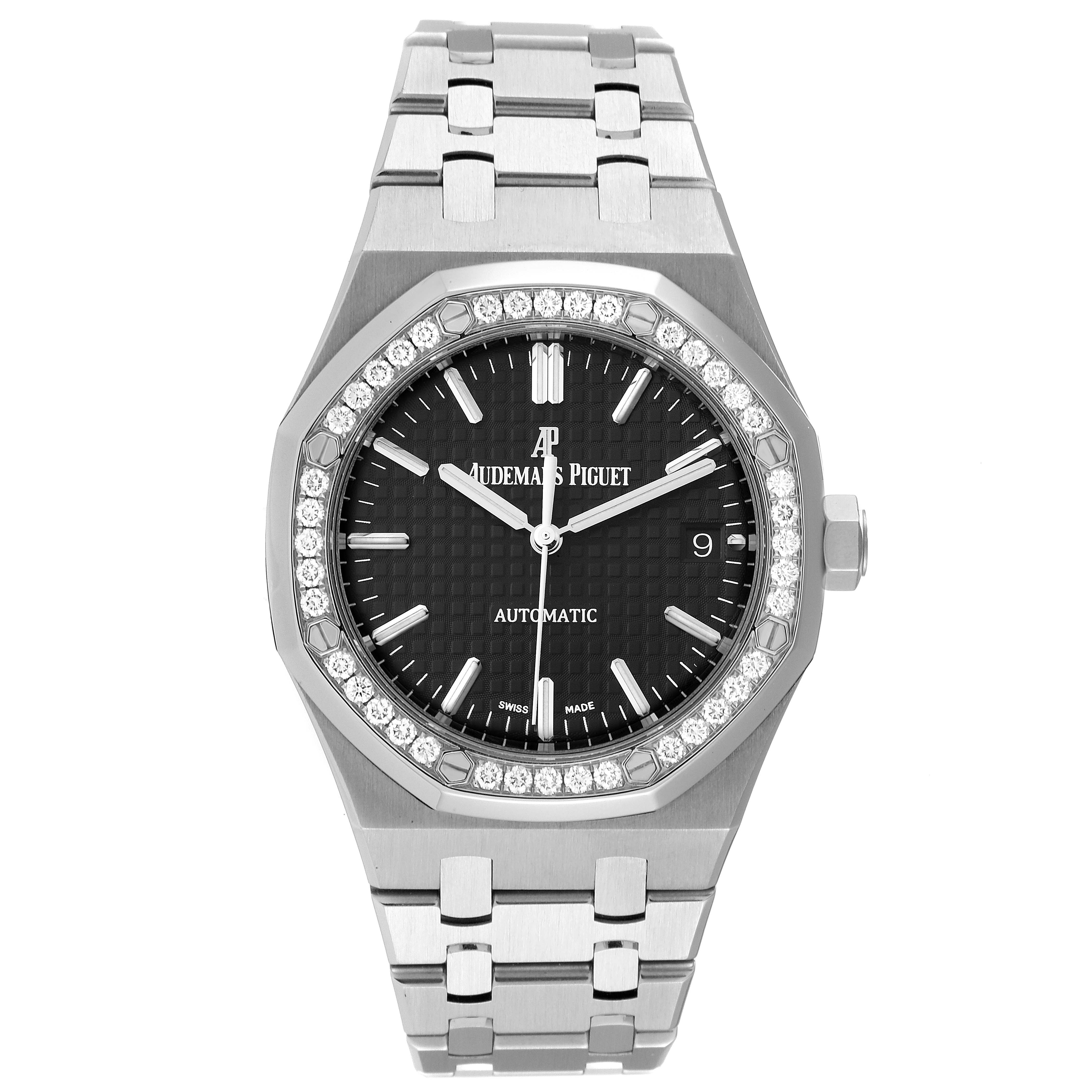 The image shows a front view of an Audemars Piguet Royal Oak 15451ST.ZZ.1256ST.01 Men's Stainless Steel Black Dial 15451ST.ZZ.1256ST.01 Men's Stainless Steel Black Dial watch, highlighting its bezel, dial, and bracelet.