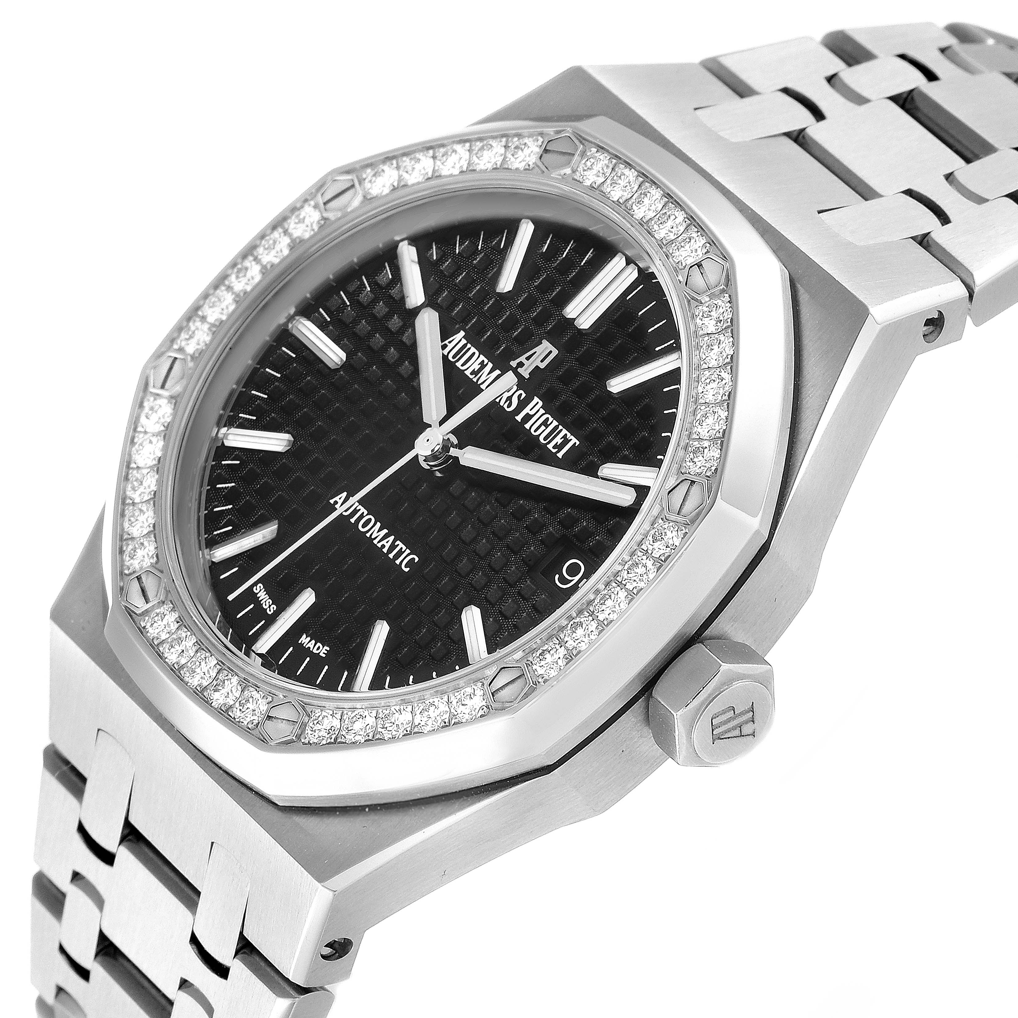 This image shows an angled view of the Audemars Piguet Royal Oak 15451ST.ZZ.1256ST.01 Men's Stainless Steel Black Dial 15451ST.ZZ.1256ST.01 Men's Stainless Steel Black Dial watch, highlighting its diamond-set bezel, black patterned dial, and stainless steel bracelet.