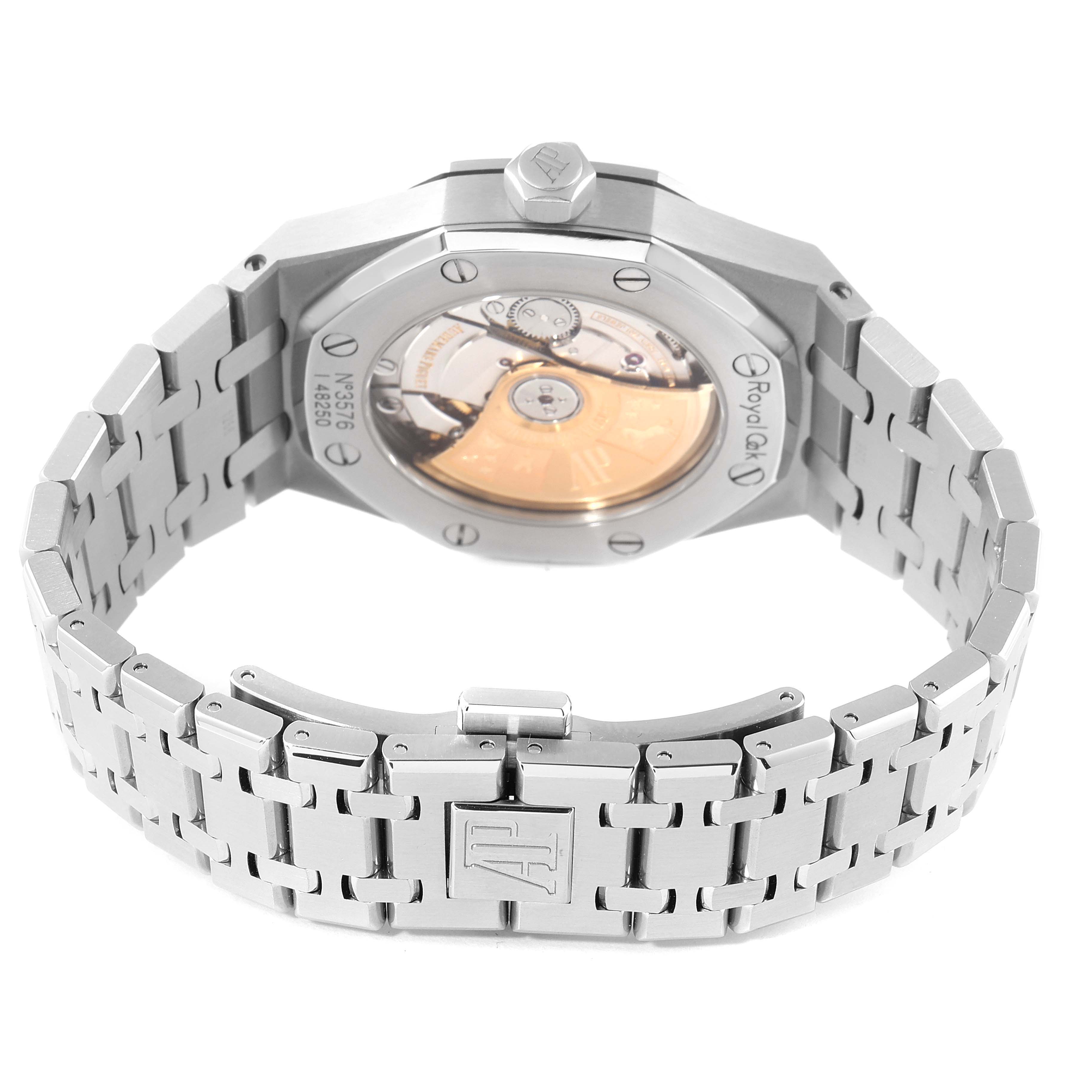 The image shows the back view of the Audemars Piguet Royal Oak 15451ST.ZZ.1256ST.01 Men's Stainless Steel Black Dial 15451ST.ZZ.1256ST.01 Men's Stainless Steel Black Dial model, displaying its open case back and bracelet.