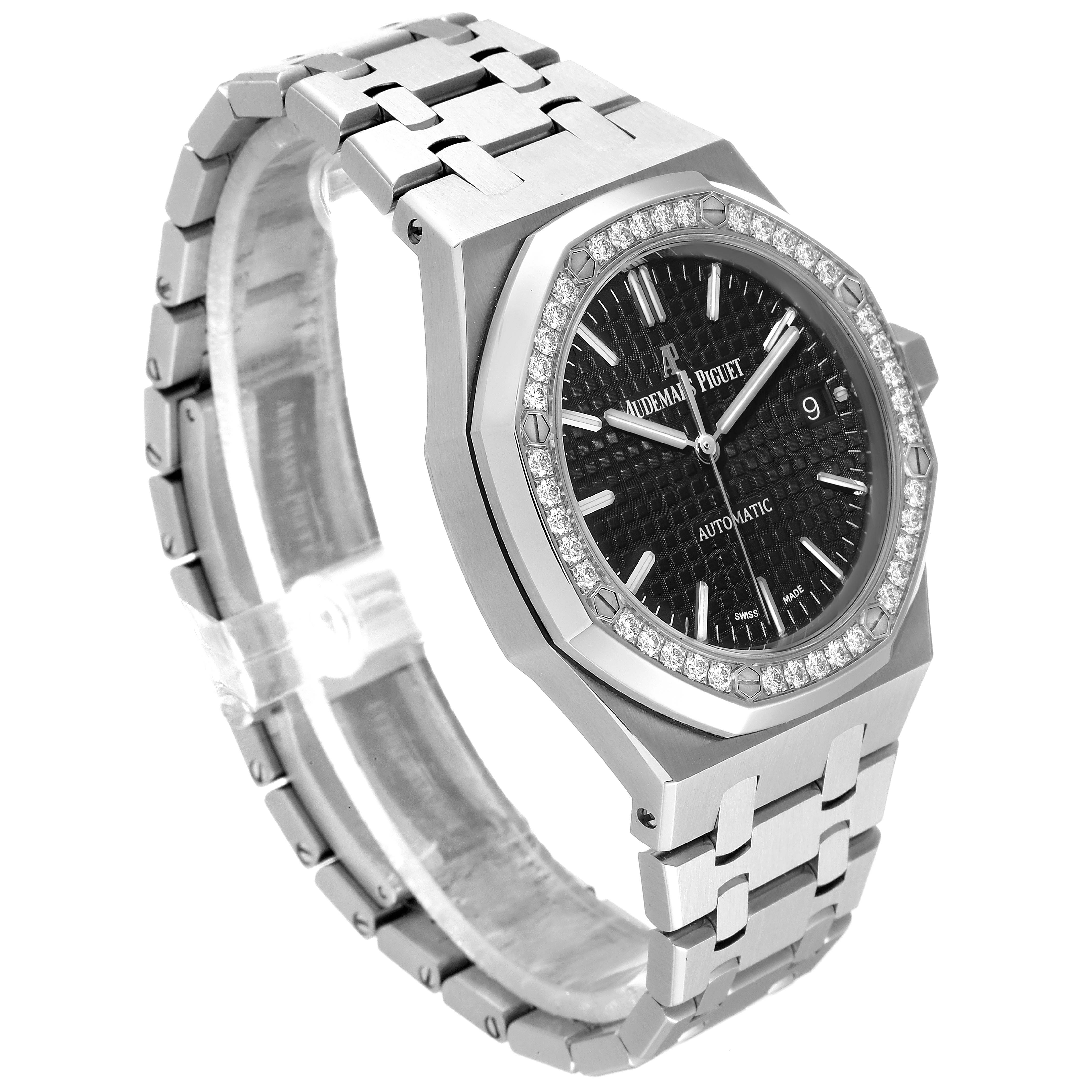 The image shows a side angle view of an Audemars Piguet Royal Oak 15451ST.ZZ.1256ST.01 Men's Stainless Steel Black Dial 15451ST.ZZ.1256ST.01 Men's Stainless Steel Black Dial watch, highlighting its bezel, dial, and stainless steel bracelet.