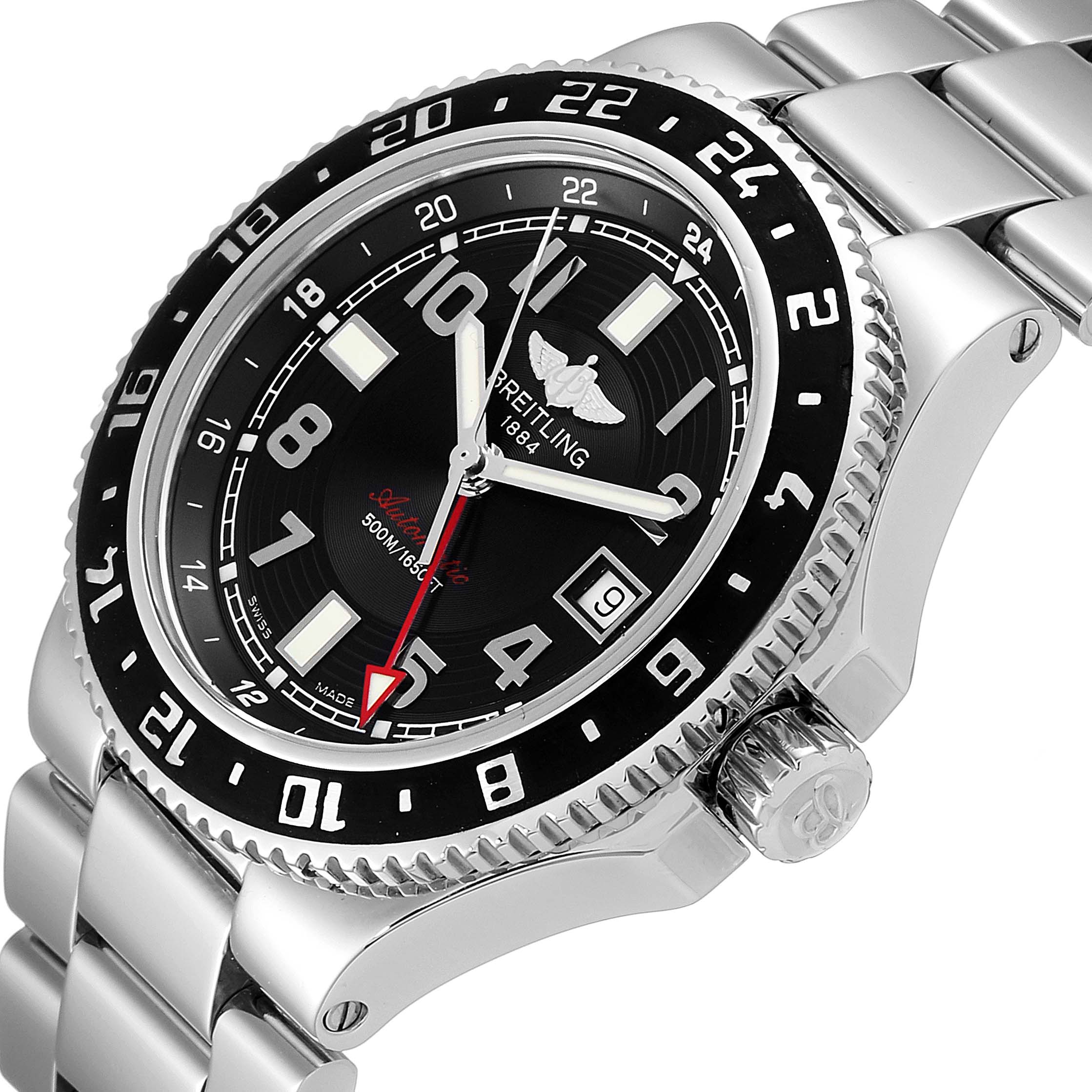 The image shows a close-up, angled view of the Breitling Superocean A32380 Men's Stainless Steel Black Dial A32380 Men's Stainless Steel Black Dial watch, highlighting the bezel, dial, crown, and part of the metal strap.