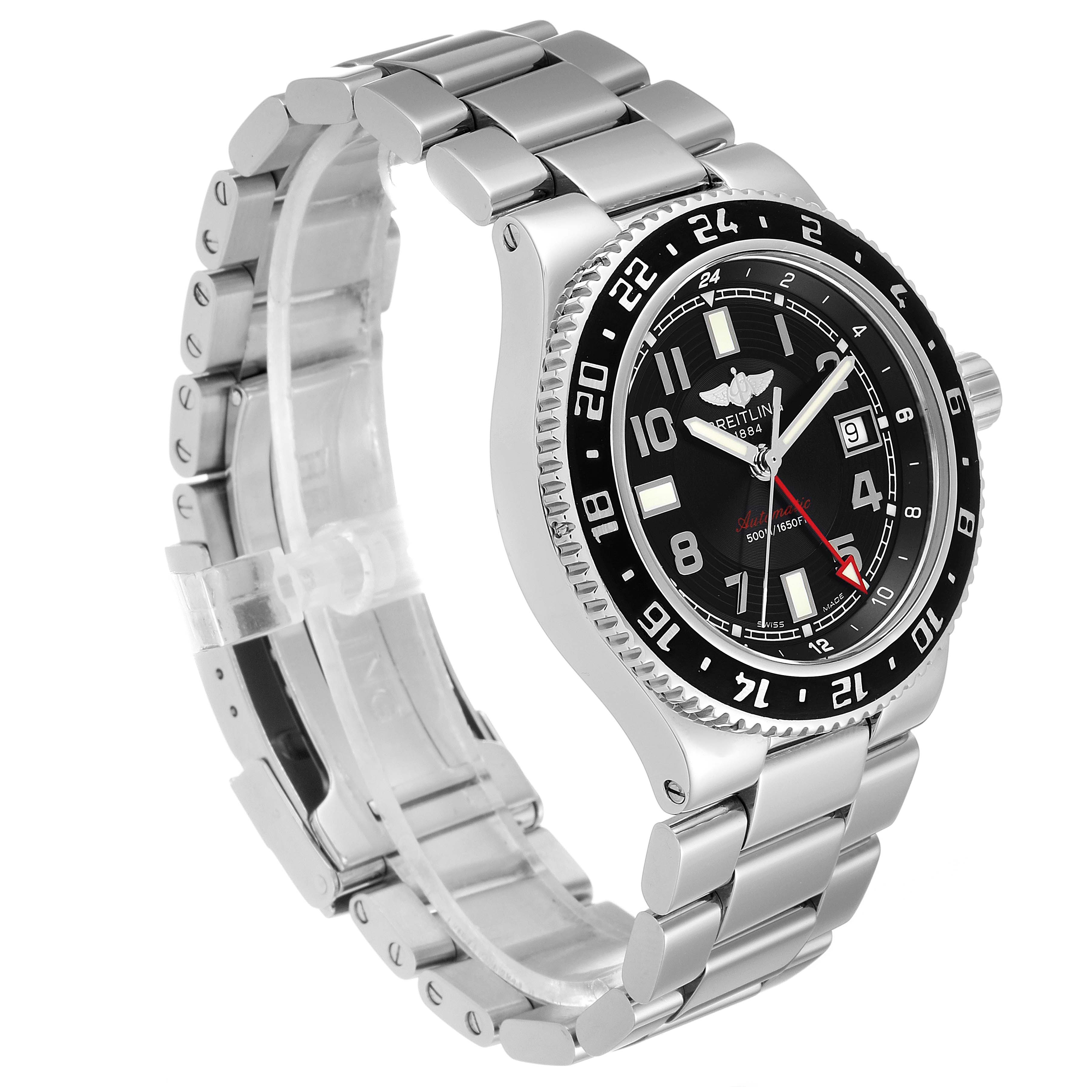 The Breitling Superocean A32380 Men's Stainless Steel Black Dial A32380 Men's Stainless Steel Black Dial watch is shown at a slight angle, highlighting its stainless steel bracelet, bezel, and round black dial.