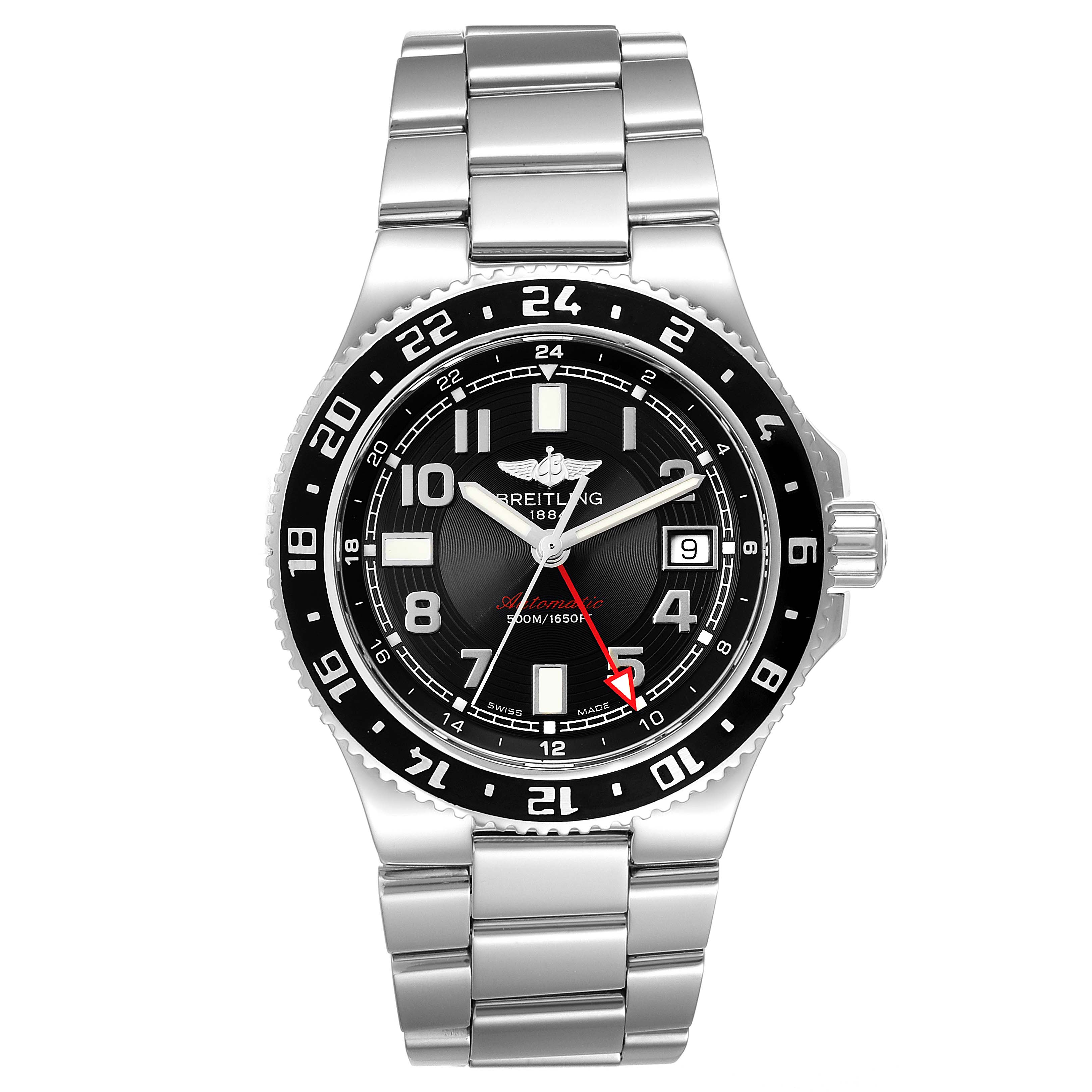The image shows a front view of the Breitling Superocean A32380 Men's Stainless Steel Black Dial A32380 Men's Stainless Steel Black Dial watch, displaying its dial, bezel, and metal bracelet.