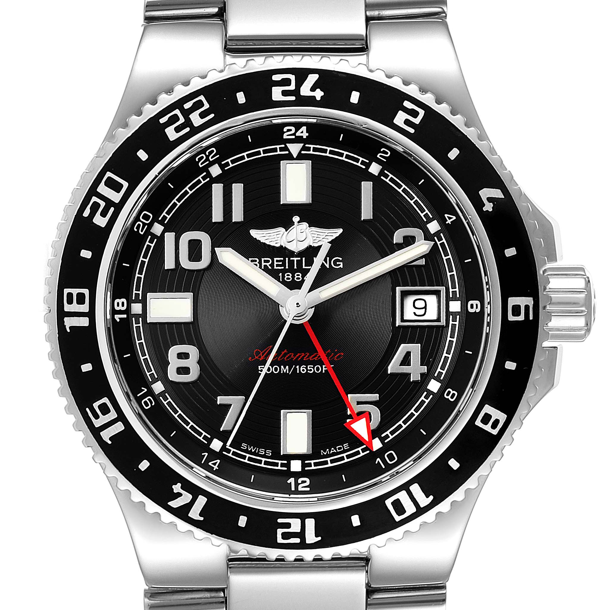 This image shows a front view of the Breitling Superocean A32380 Men's Stainless Steel Black Dial A32380 Men's Stainless Steel Black Dial watch, highlighting its black dial, bezel, and stainless steel strap.