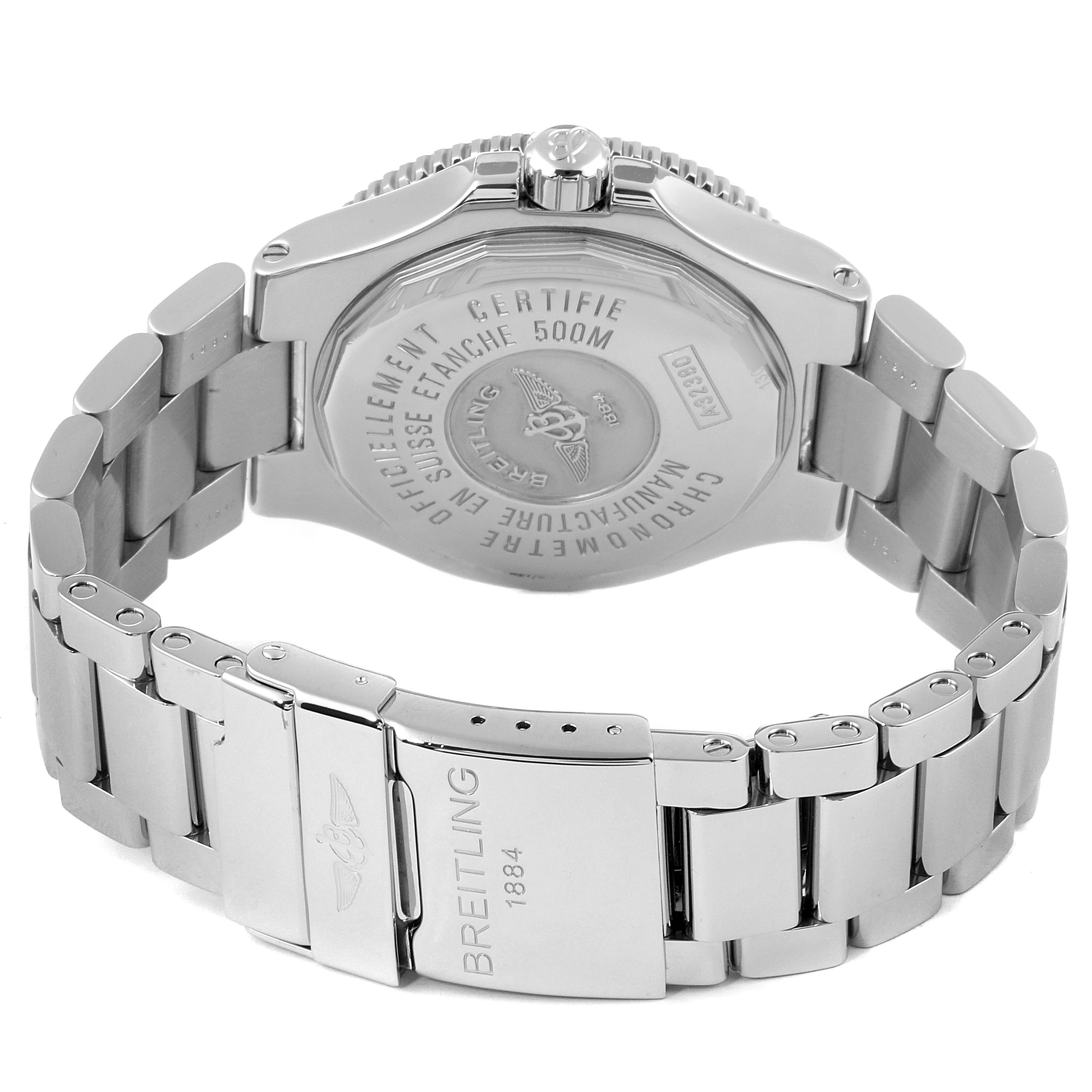 This image shows the back case and metal bracelet of a Breitling Superocean A32380 Men's Stainless Steel Black Dial A32380 Men's Stainless Steel Black Dial watch, highlighting the engraved details and clasp.