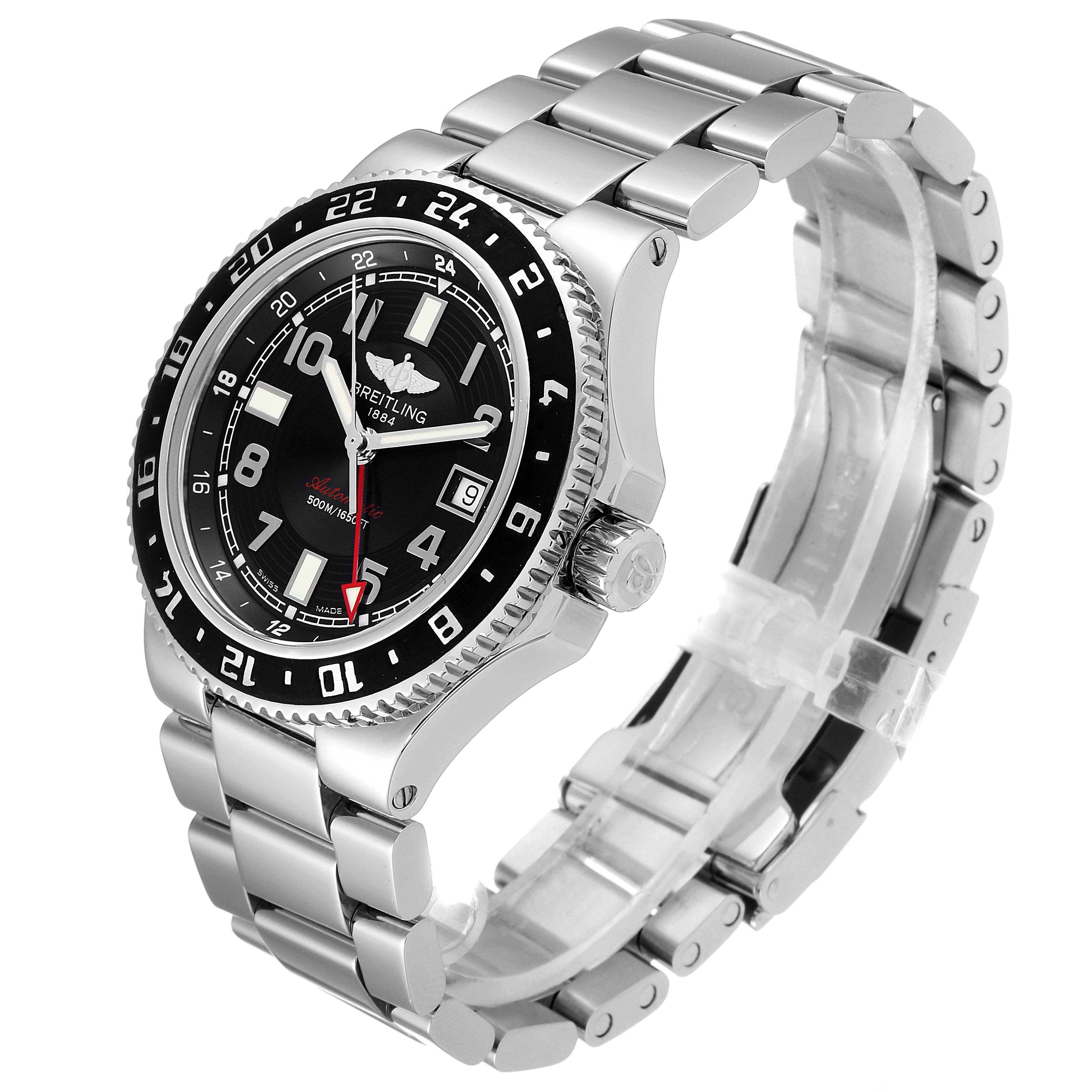This Breitling Superocean A32380 Men's Stainless Steel Black Dial A32380 Men's Stainless Steel Black Dial watch is shown at a three-quarter angle, highlighting its face, bezel, crown, and bracelet.