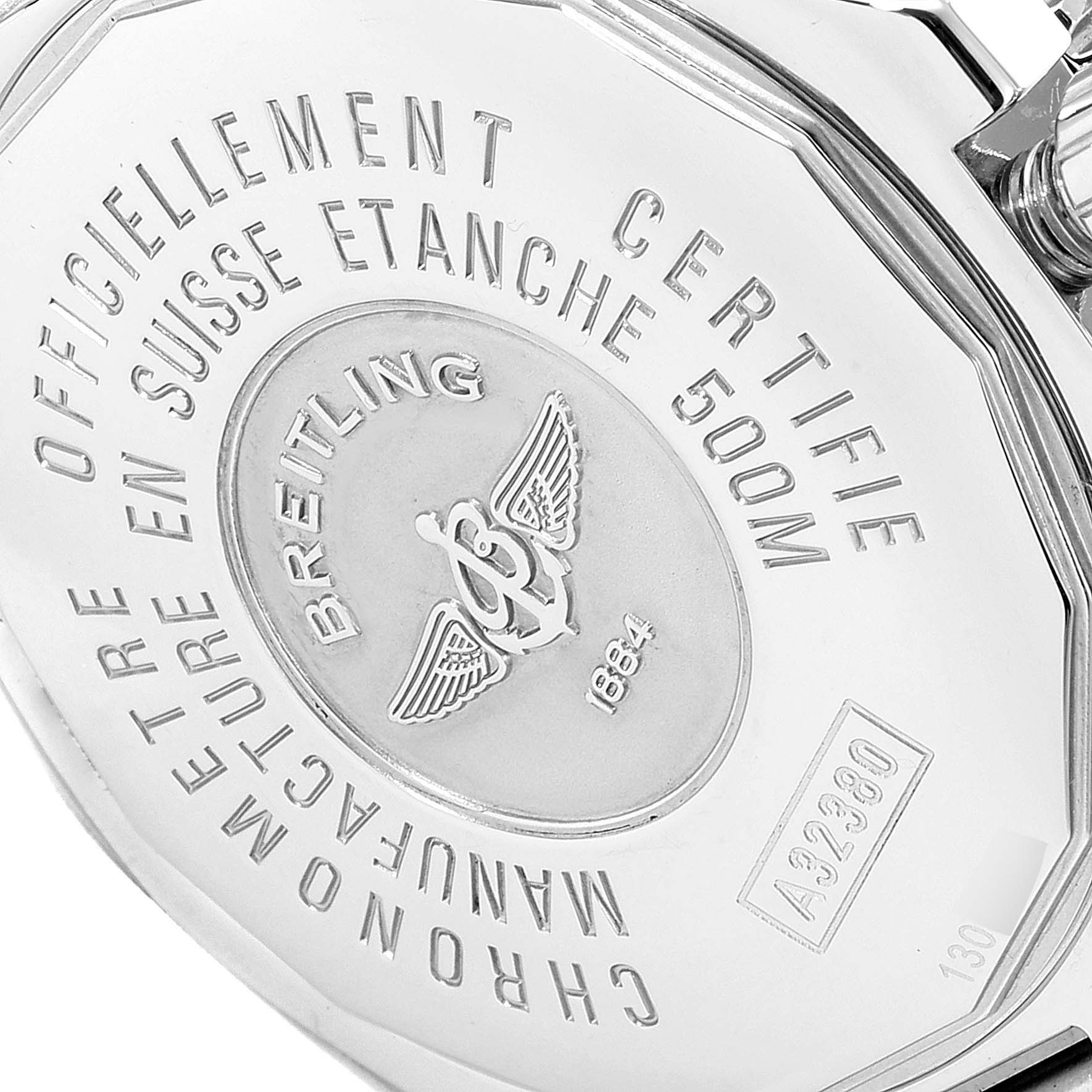 The image shows the back case of a Breitling Superocean A32380 Men's Stainless Steel Black Dial A32380 Men's Stainless Steel Black Dial watch with engraved text and emblem.