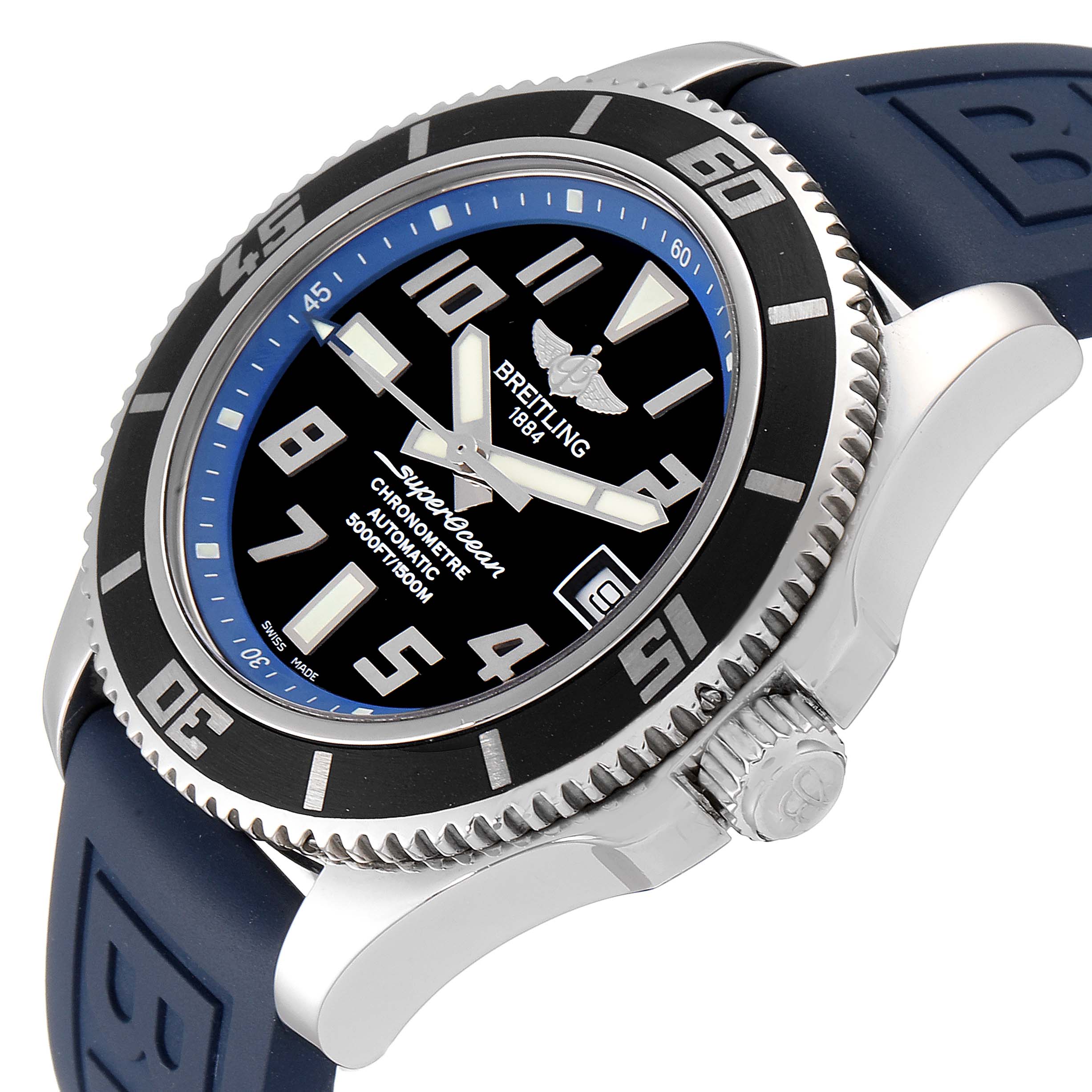 The image shows a Breitling Superocean A17364 Men's Stainless Steel Black Dial A17364 Men's Stainless Steel Black Dial watch at a slight angle, highlighting its dial, bezel, case, and crown with a blue strap.