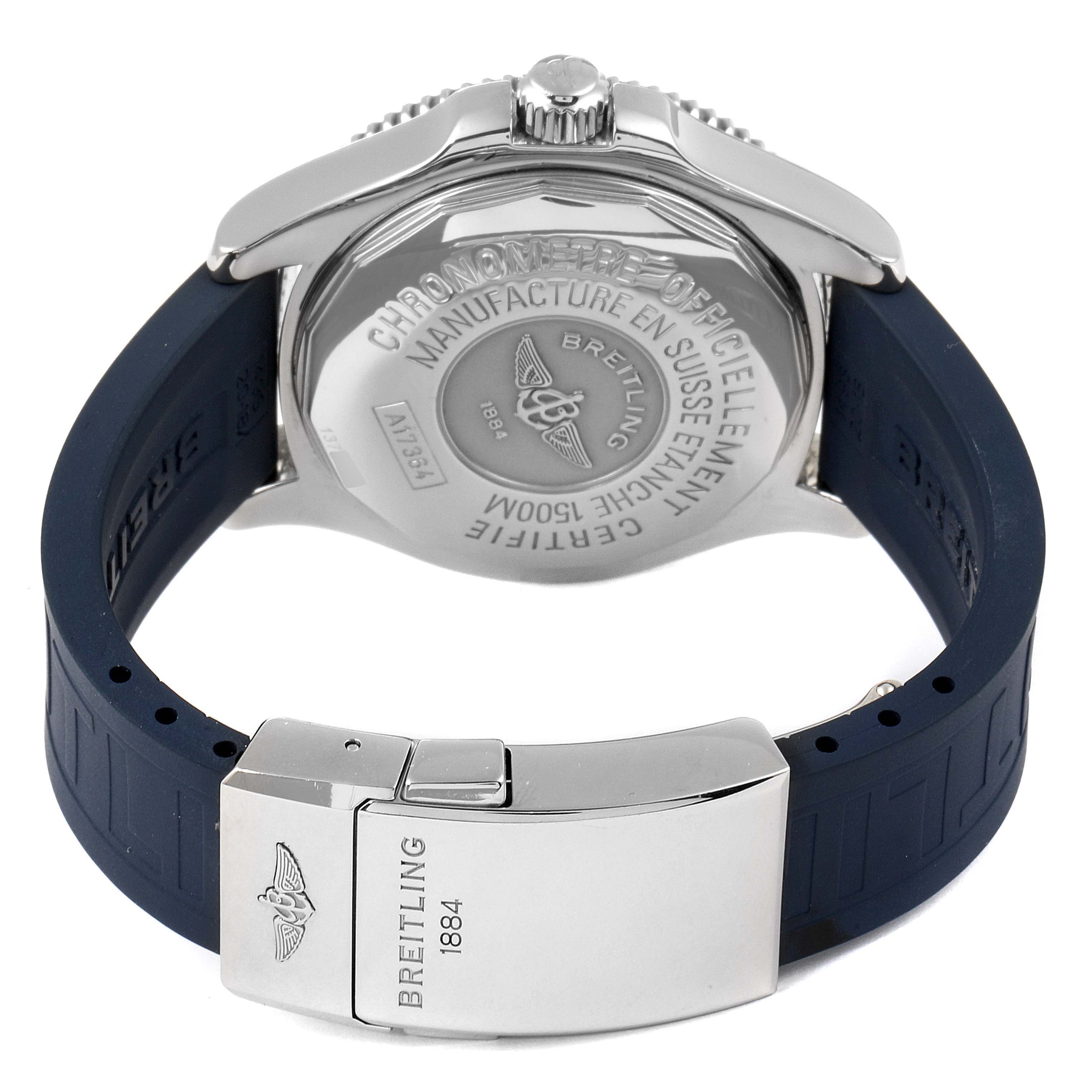 This image shows the back of a Breitling Superocean A17364 Men's Stainless Steel Black Dial A17364 Men's Stainless Steel Black Dial watch, highlighting its case back, crown, and clasp on a rubber strap.