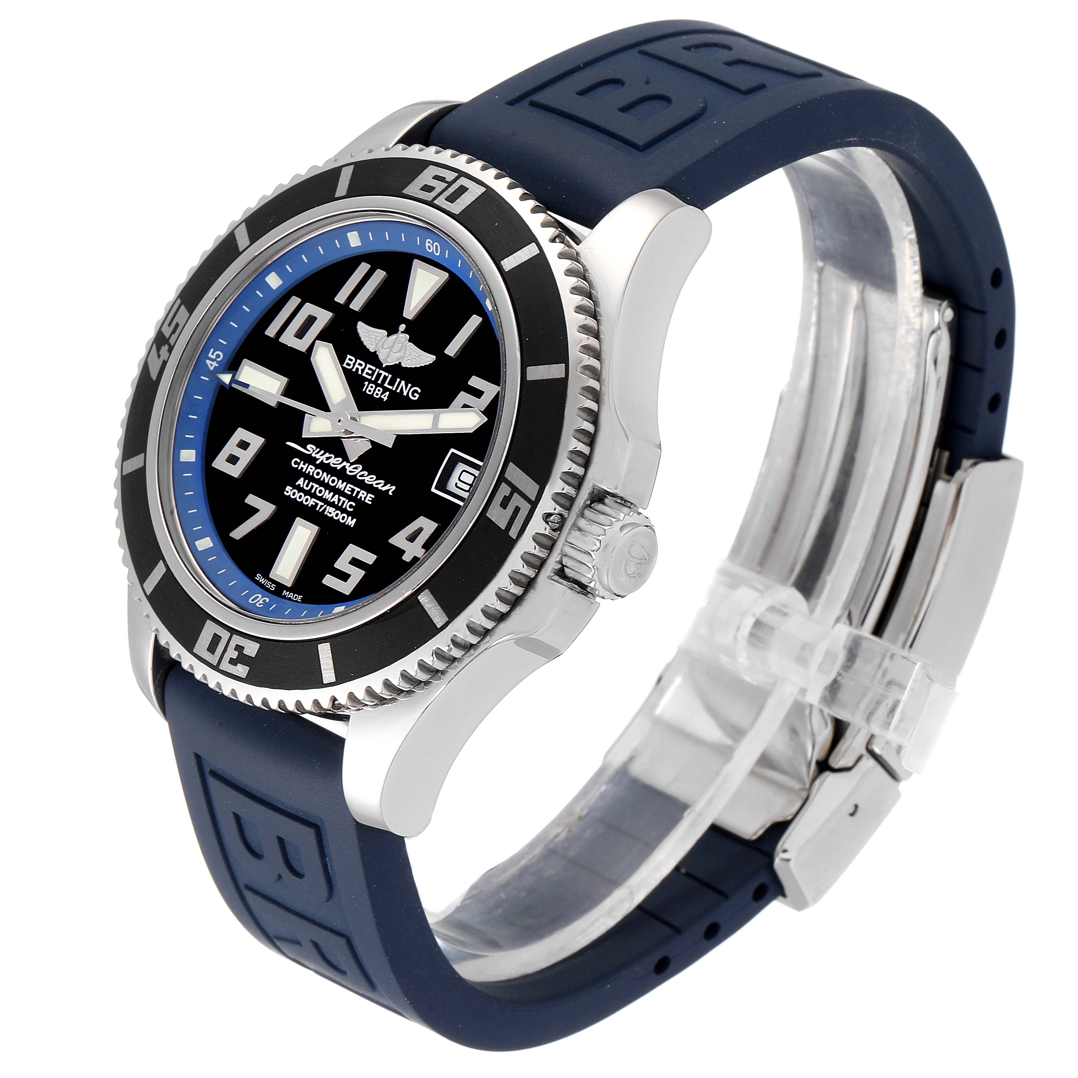 The image shows a Breitling Superocean A17364 Men's Stainless Steel Black Dial A17364 Men's Stainless Steel Black Dial watch at an angle displaying the face, bezel, crown, and part of the strap.