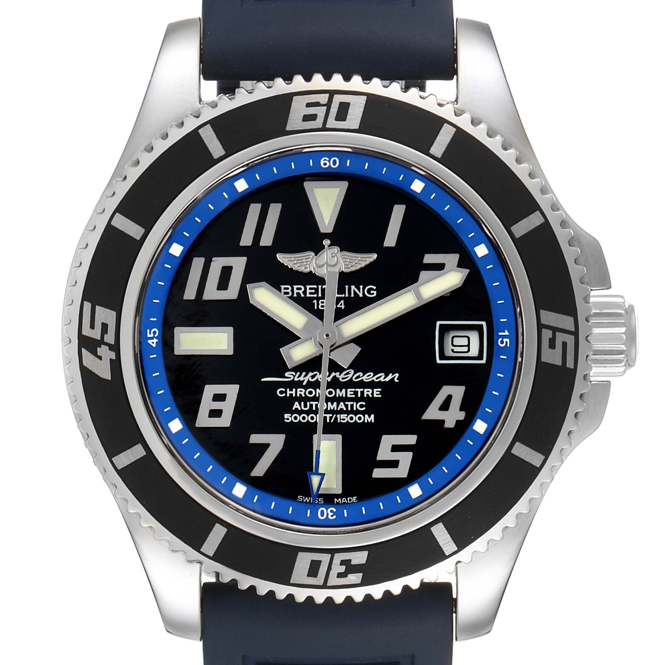 The Breitling Superocean A17364 Men's Stainless Steel Black Dial A17364 Men's Stainless Steel Black Dial watch is shown from a front angle, highlighting the dial, bezel, crown, and part of the strap.