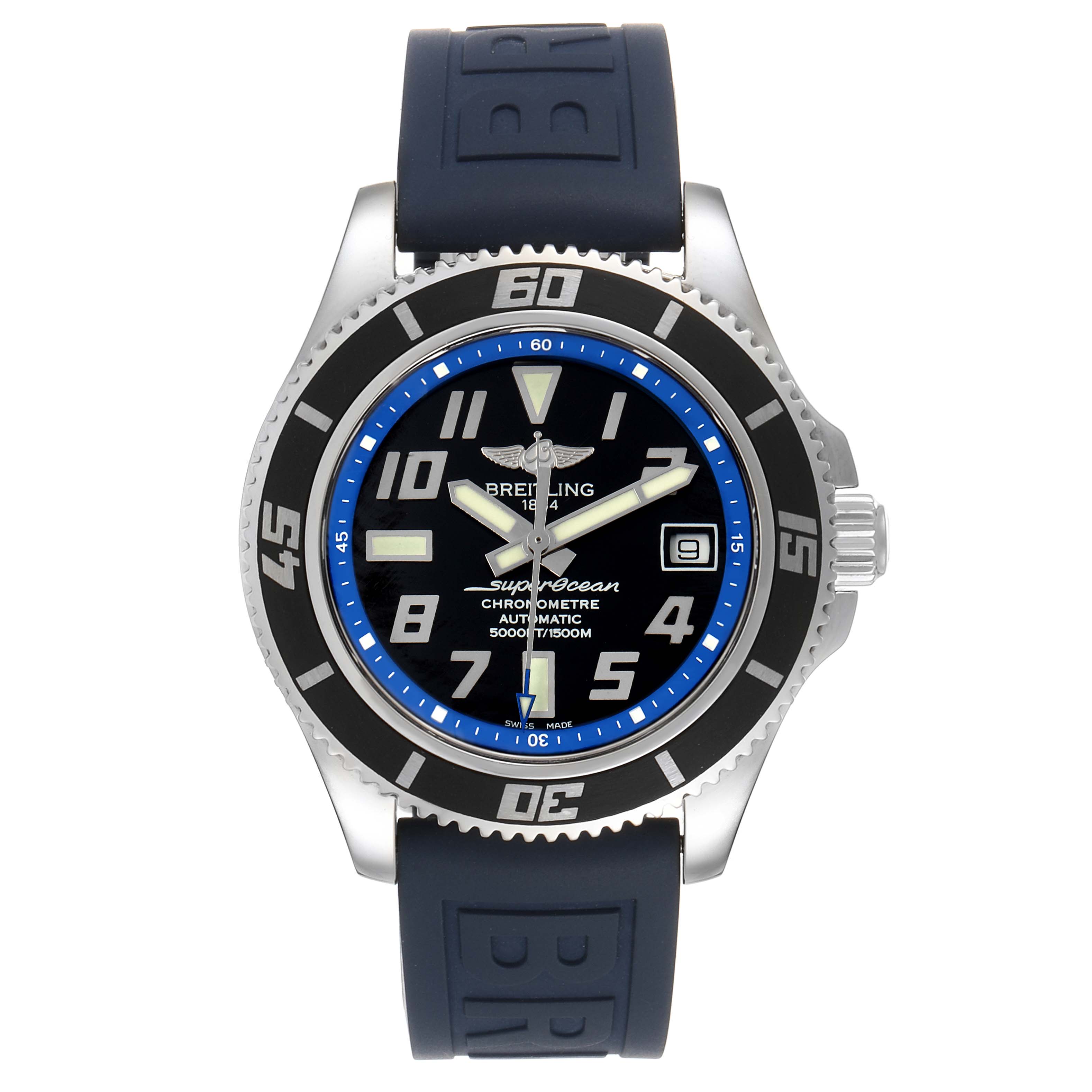 The image shows a front view of a Breitling Superocean A17364 Men's Stainless Steel Black Dial A17364 Men's Stainless Steel Black Dial watch, displaying the face, bezel, crown, and strap.